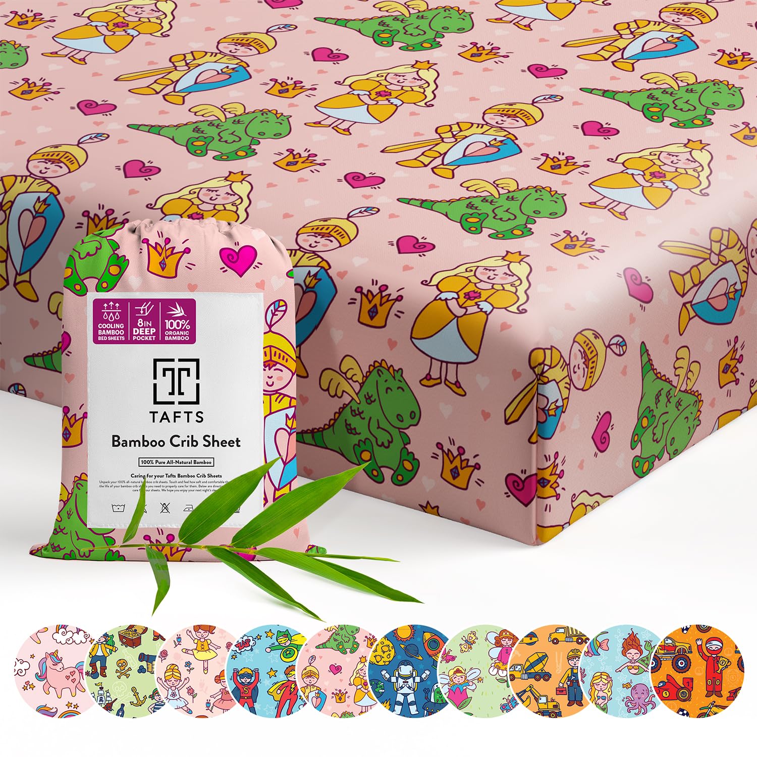 TAFTS Sábana de bambú para cuna ajustada, para niñas y niños y unisex, 100% bambú orgánico para colchón estándar de cuna y niño, súper suave, fresco, elástico de 360, (princesa de 28 x 52 pulgadas)