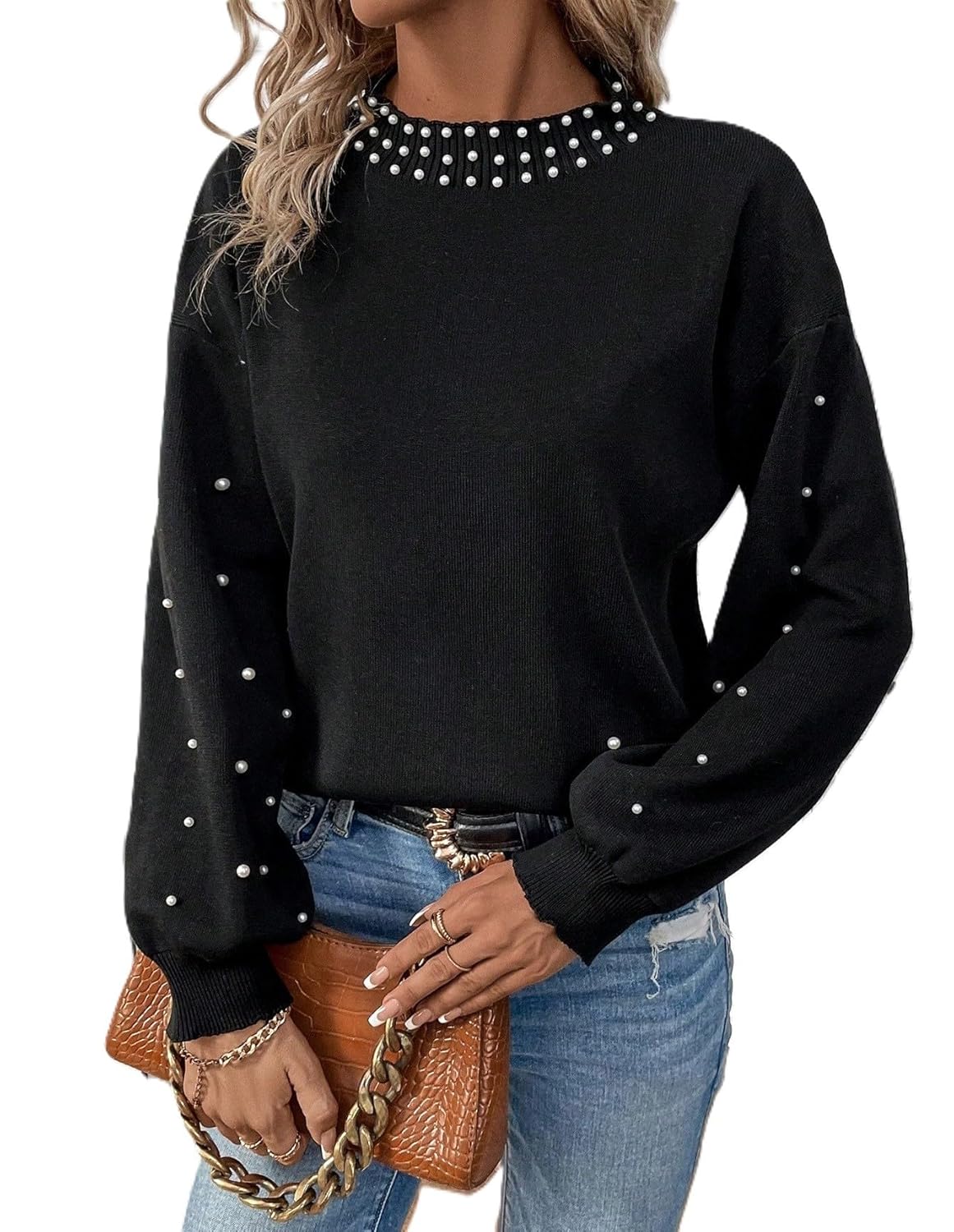 Womens Pearl Sweater Crew Neck Long Lantern Sleeve Chunky Sweater Fall Casual Loose Knit Pullover Top