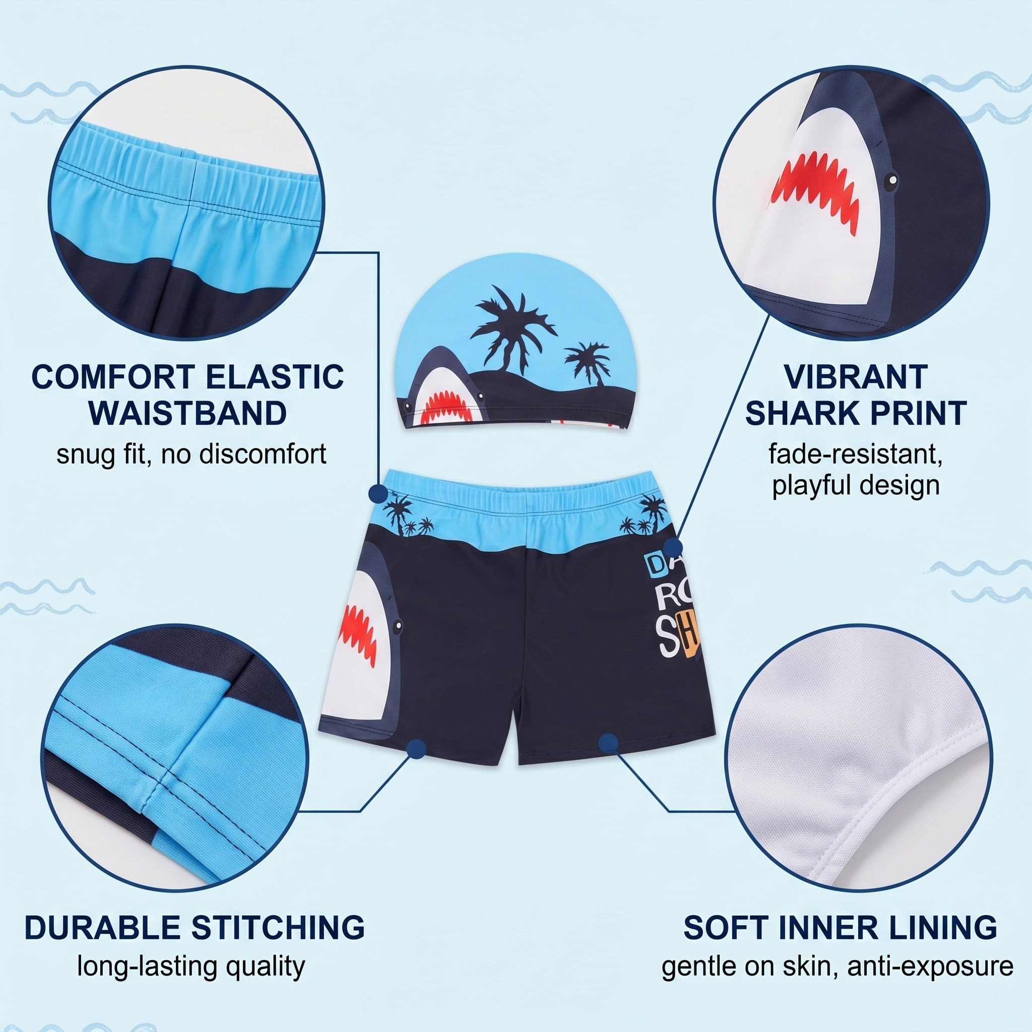 Set de Bañador Niño con Gorro Piscina Diseño Tiburón, Talla XL 5-6 Años 100-120cm, Tejido Elástico Secado Rápido Cintura Alta, Bañador Natación Niño para Piscina y Aguas Termales