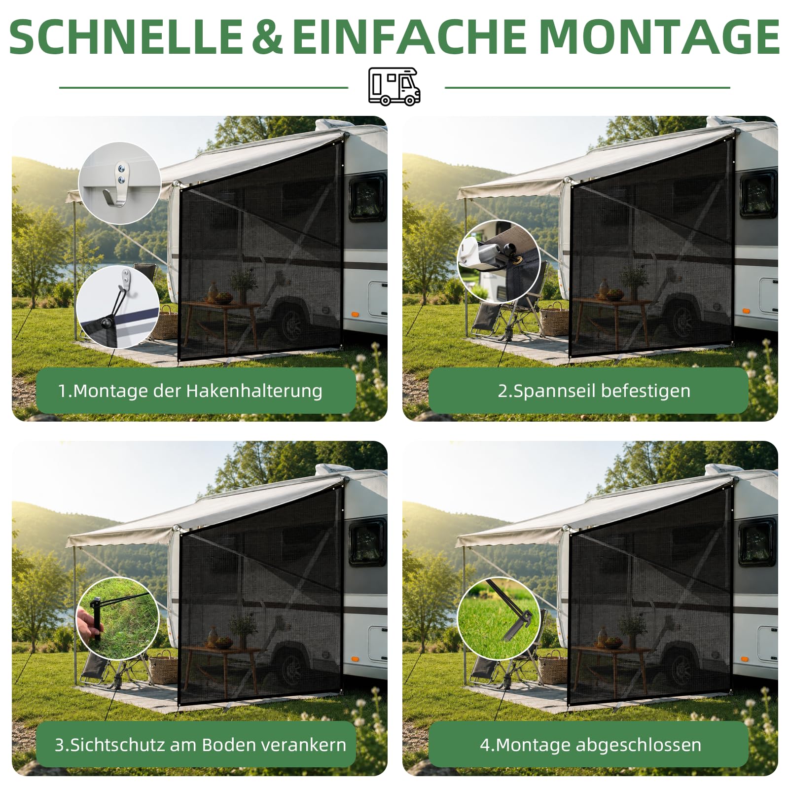 Wohnmobil Markise Sichtschutz, 2,5m x 2,1m, Grau, Universeller Sonnenschutz für Camper & RV, Schnellaufbau (2,5mx2,1m)