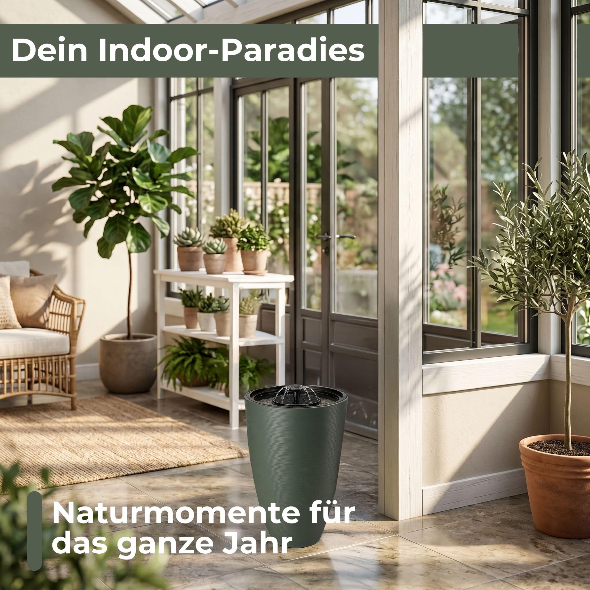 Fontana solare Premium con batteria, vaso verde tè Ø 39 x 58 cm, fontana da 3,5 W e pietre decorative