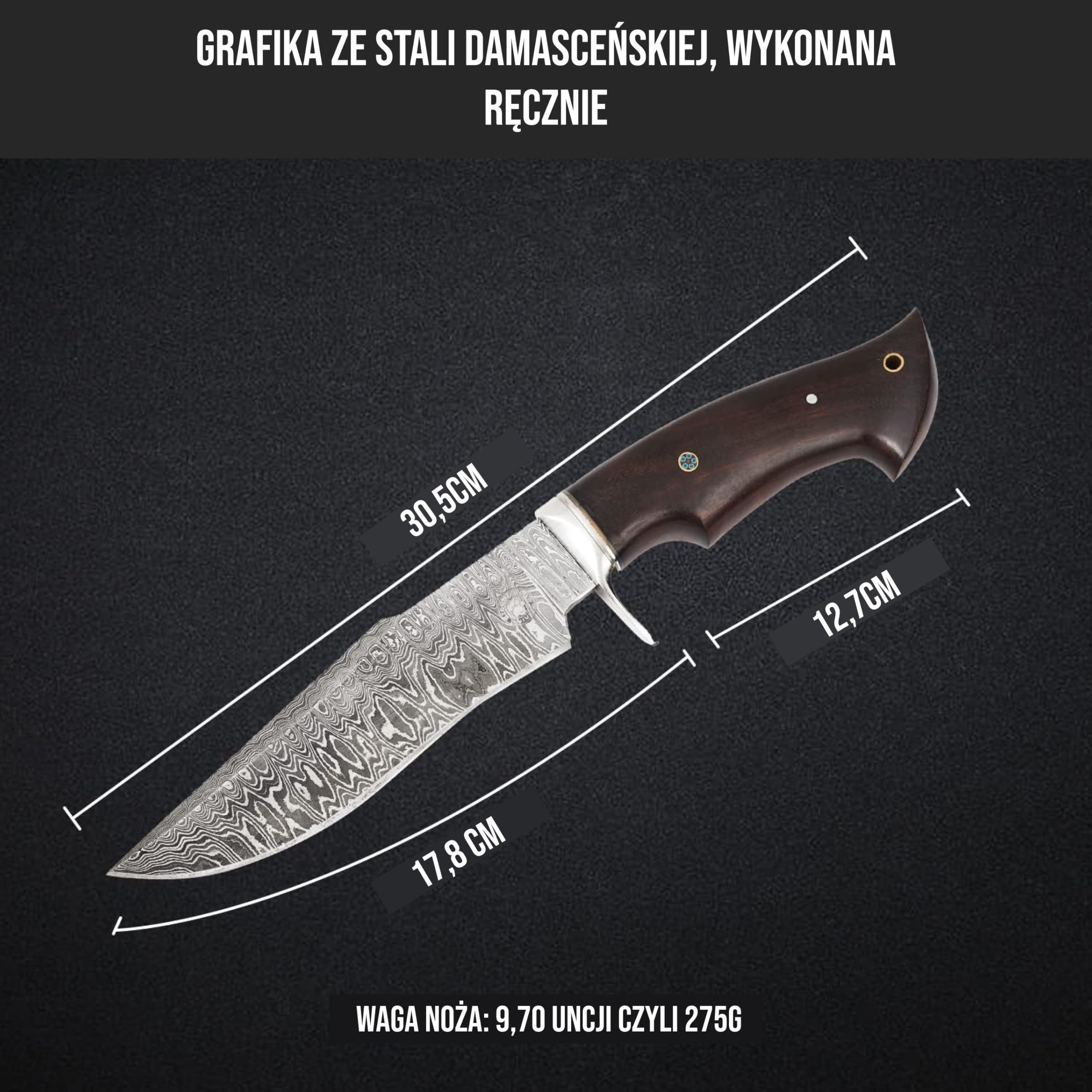 BIGCAT ROAR Ręcznie robiony nóż myśliwski z damasceńskiej stali - nóż stało ostrze z pochewką i uchwytem z orzecha - 12 "nóż outdoorowy - myśliwy leopardów