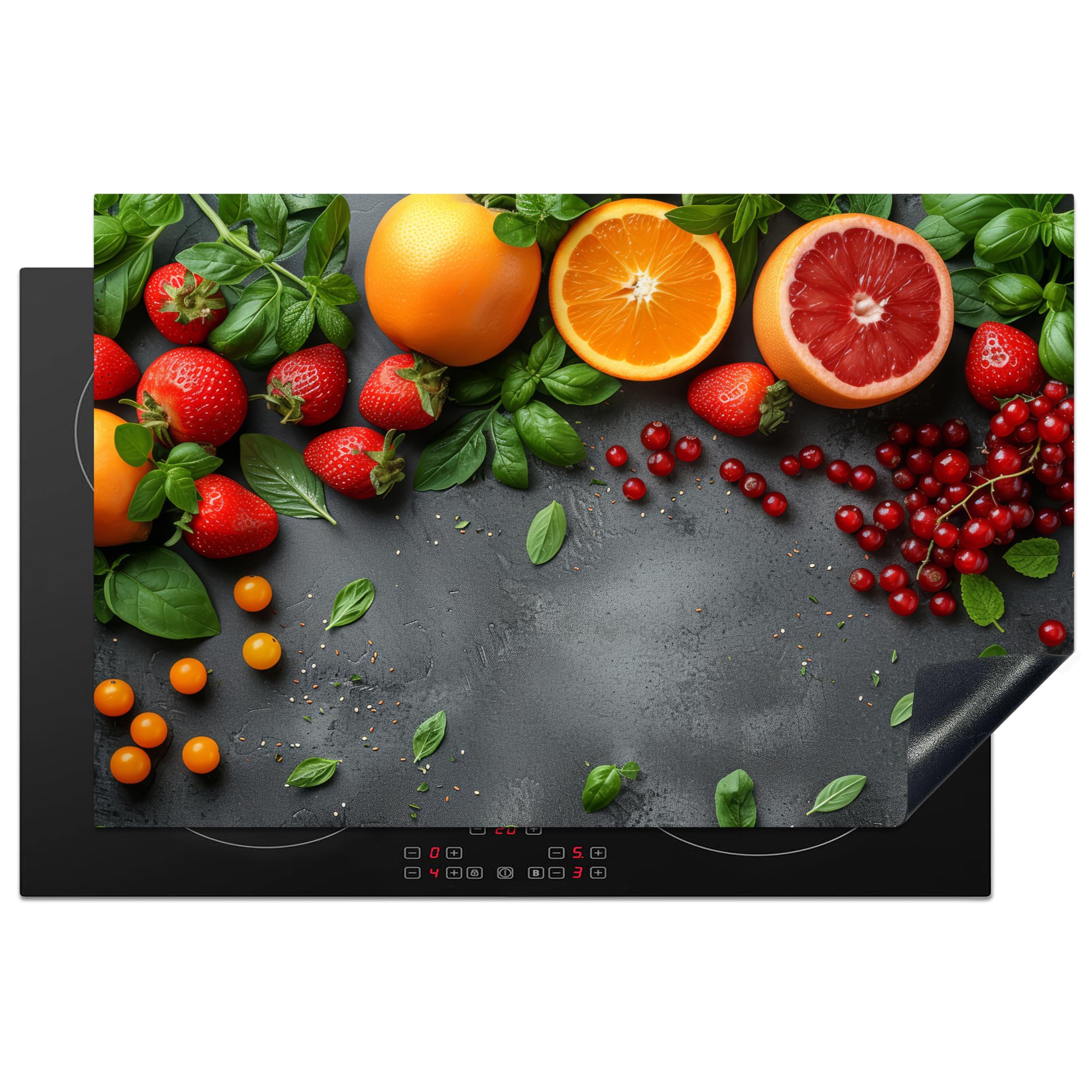 KitchenYeah© Herdabdeckplatte 80.2x52.2 cm Induktion Schutzmatte Küche Herdabdeckung Ceranfeld Induktionsmatte Cerankochfeld Abdeckung Obst - Beton - Orange - Erdbeere
