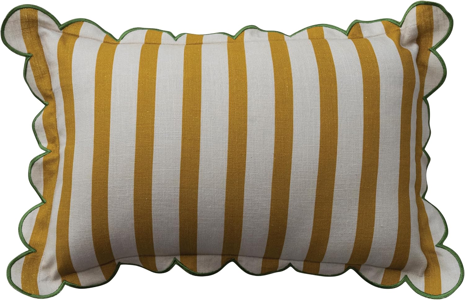 Creative Co-Op Cotton Printed Striped Rectangular Lumbar Pillow with Scalloped Flange and Contrasting Stitched Edge, Mustard, Ivory and Green