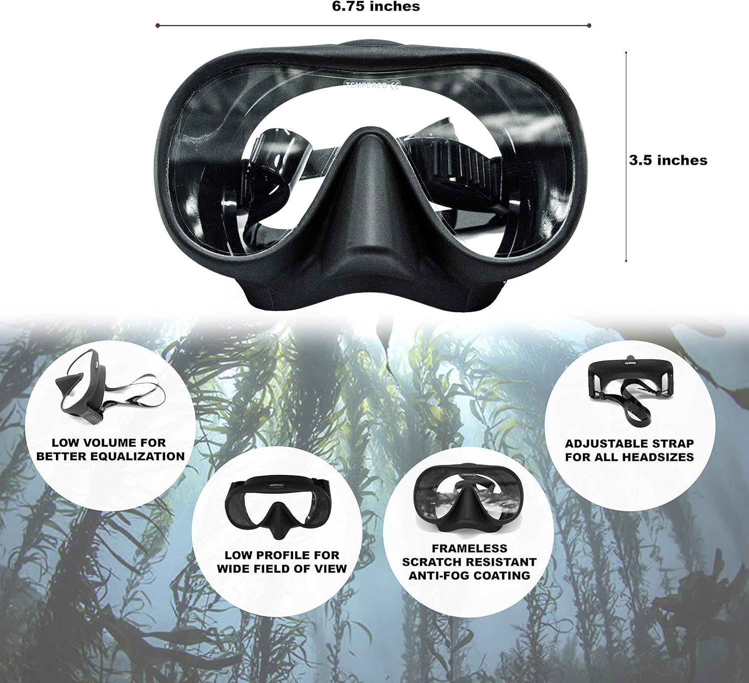 Easy to Pack HD Wide Angle Diving mask and Travel Snorkel Set, Frameless, Tempered Glass, Quality Soft Silicon, Anti-Fog, Scratch Resistant (Black Abyss)