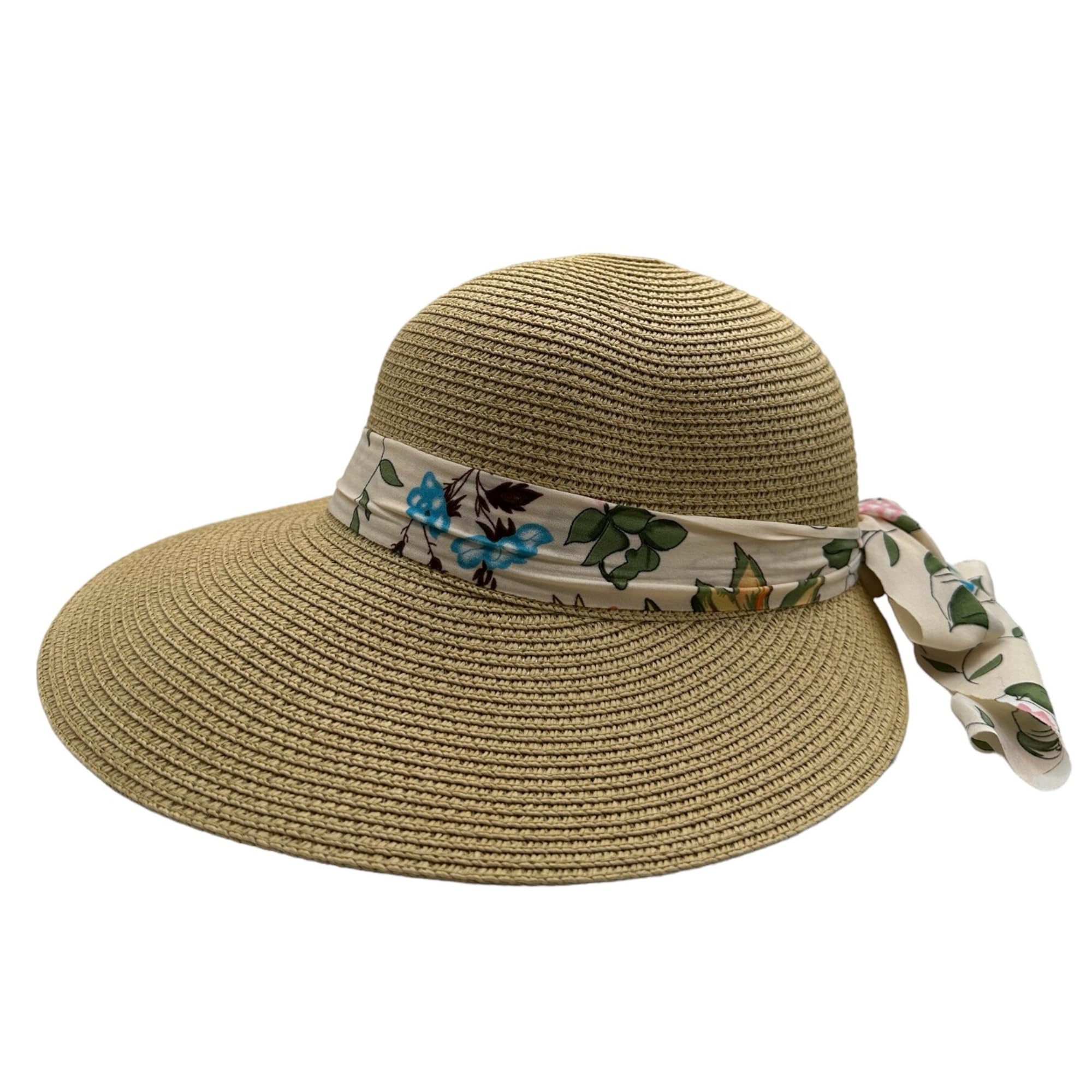 MIGURA Sombrero Marrón Mujer De Paja Protección Solar Panama Pamela Playa Verano Esparto Gorra para Sol Visera Enrollable con Lazo con Flores