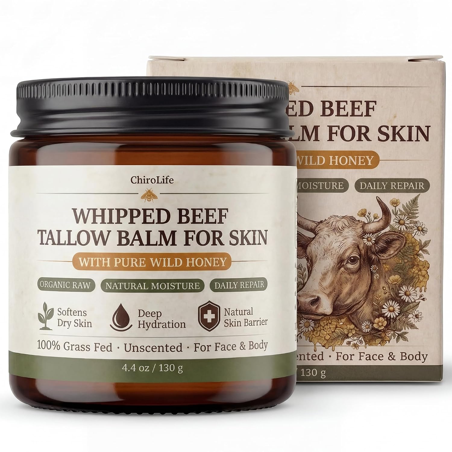 ChiroLife Beef Tallow for Skin – Whipped Tallow and Honey Balm for Face & Body, Grass-Fed Deep Moisturizing Cream, Non-Comedogenic Natural Moisturizer for Dry & Sensitive Skin, 4.4 oz