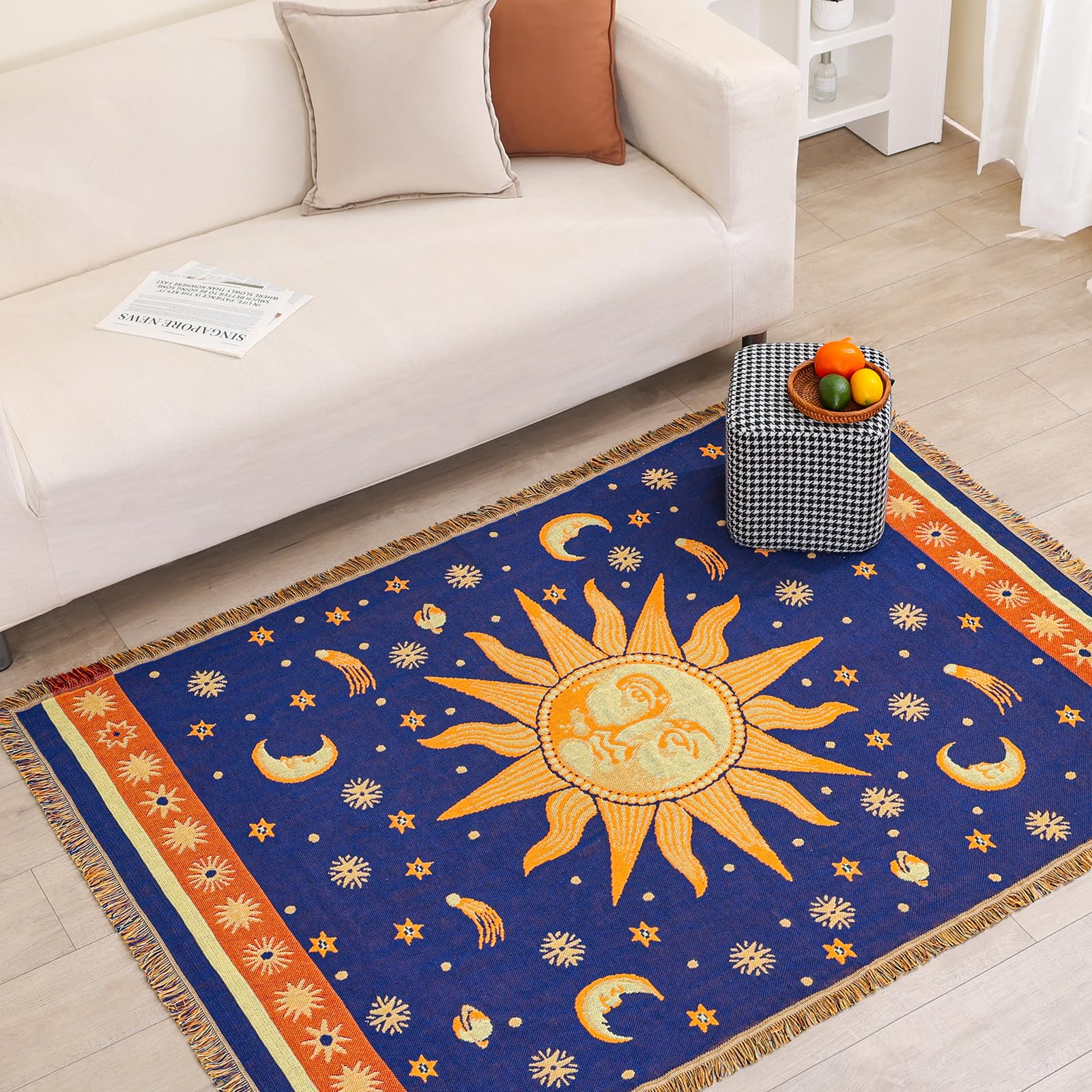HOORDRY Grande coperta per divano, 180 x 230 cm, reversibile, motivo sole e luna, blu e giallo, in morbido misto cotone/poliestere, per divano a 3 posti, chaise longue, matrimoniale/king size