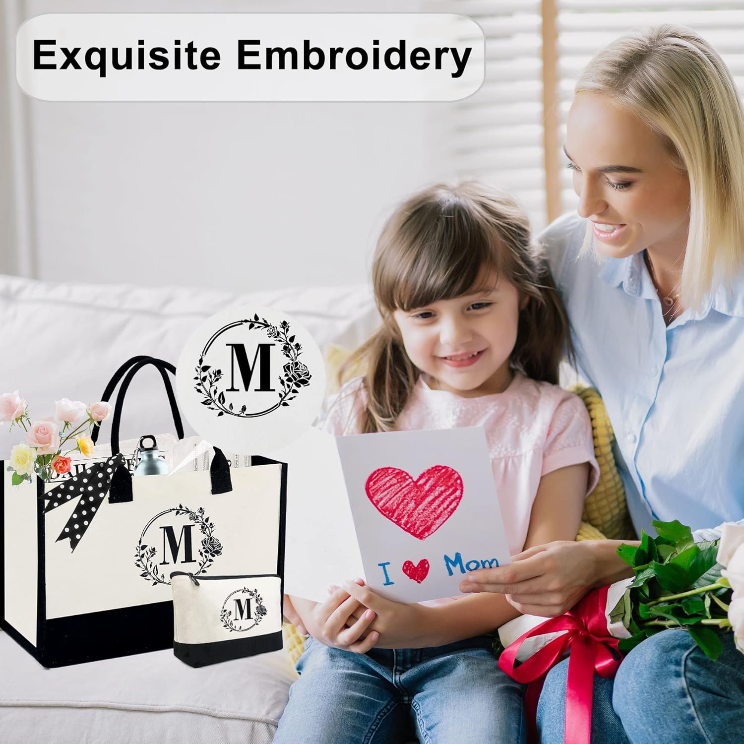 Miniatura 6 de BeeGreen Bolsa de lona con inicial con bolsa de maquillaje, bolsa de playa, regalo de dama de honor para despedida de soltera, regalos de cumpleaños