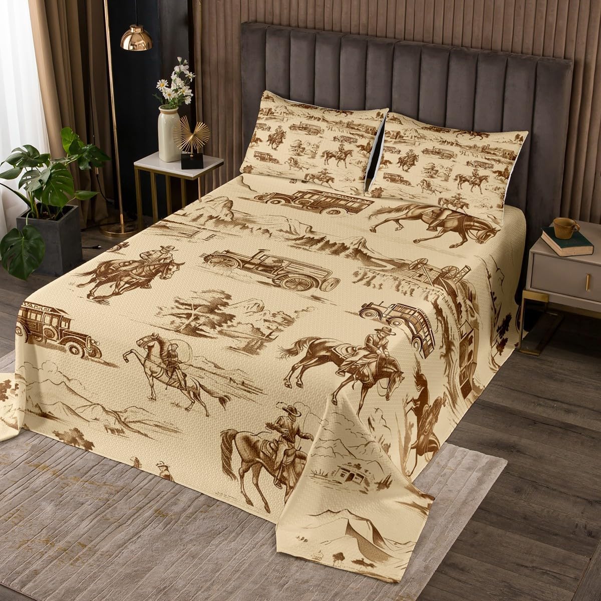 jejeloiu Cowboy Bedspread Quilts Wild Western Coverlet Set Queen Size for Kids Boys Girls Vintage Truck Quilted Coverlet for All Season with 2 Pillowcases Brown Microfiber