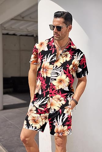 Miniatura 3 de COOFANDY Conjunto de camisa hawaiana y pantalones cortos para hombre traje de playa de 2 piezas con sombreros de pescador
