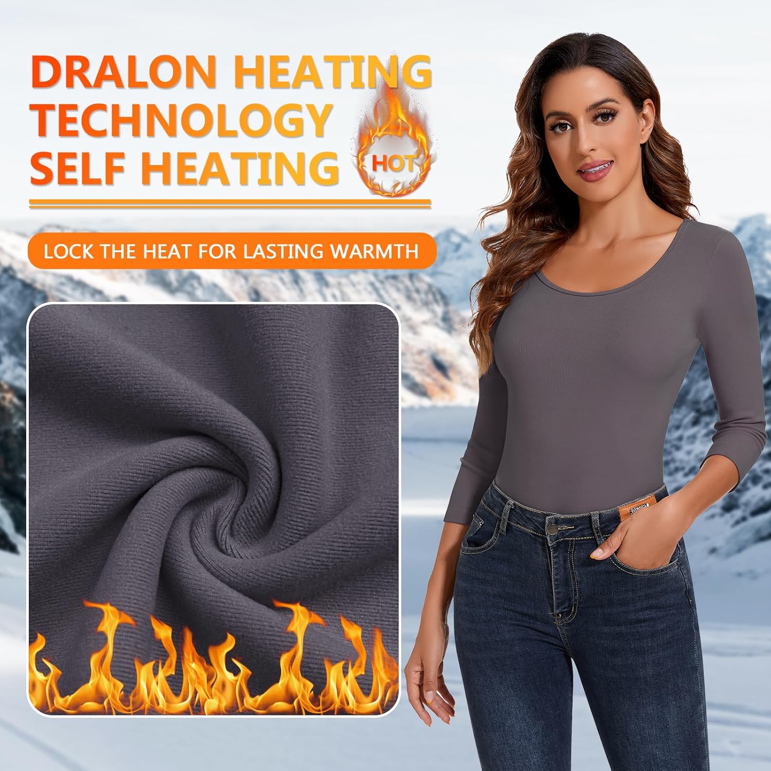 WOWENY Women's 3/4 Sleeve Thermal Shirts Fleece Lined Tops Winter Warm Base Layer Cold Weather Underwear - Image 2