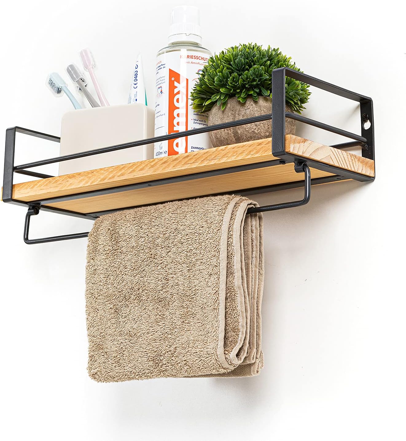 SODUKU Rustic Kitchen Wood Wall Shelf, Spice Rack Shelf with Towel Bar,Wood and Metal Floating Shelves Wall Mounted Toilet Storage Shelf for Kitchen Bathroom Bedroom Living Room Carbonized Black