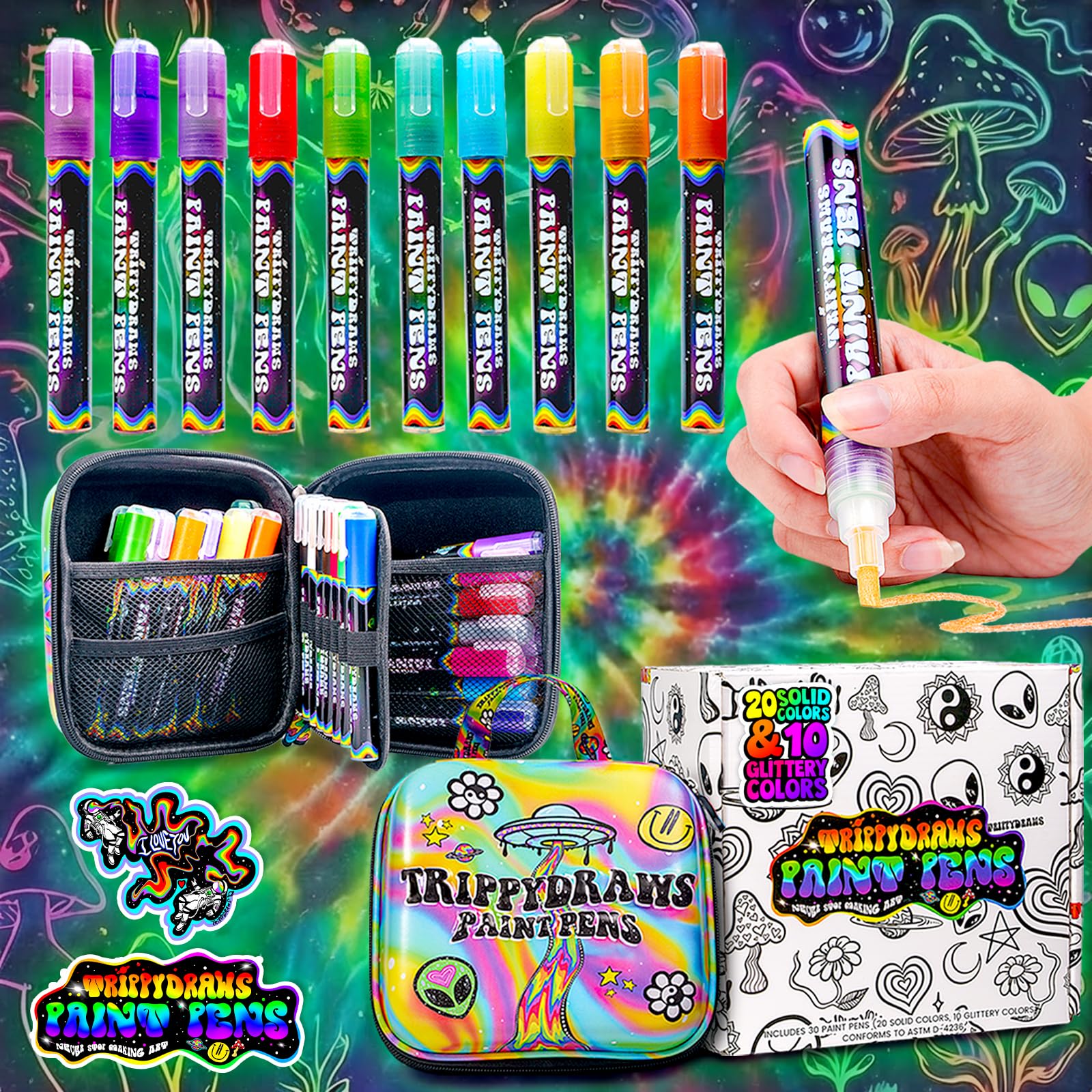 Trippydraws 30 Premium Acrylic Paint Markers for Adults, Teens & Kids, Vibrant Paint Pens w/Trippy Carry Case, Smooth, Non-Toxic, Quick-Dry Colors for Scrapbooking, Drawing & Journaling Projects