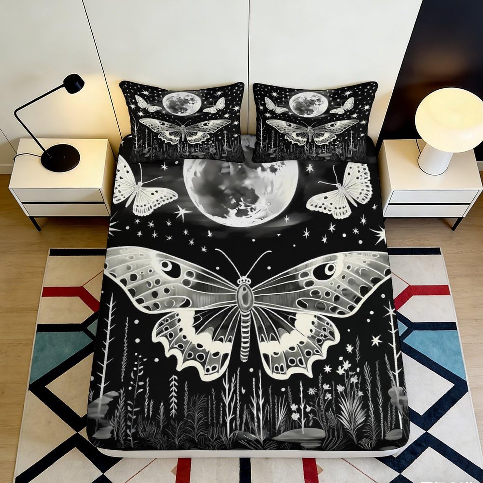 Pnayamiorkfel Style-8 3D Printed Moon Butterfly Fitted Sheet Microfiber Black White Bed Cover For Bedroom Guest Room Mattress Protection 90X200x25cm
