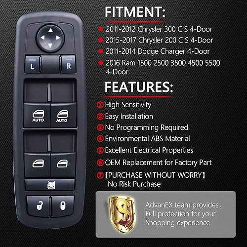 Miniatura 4 de Interruptor de control de elevalunas eléctrico principal compatible con Chrysler 300 2011-2012 Chrysler 200 2015-2017 Dodge Charger 2011-2014 Ram