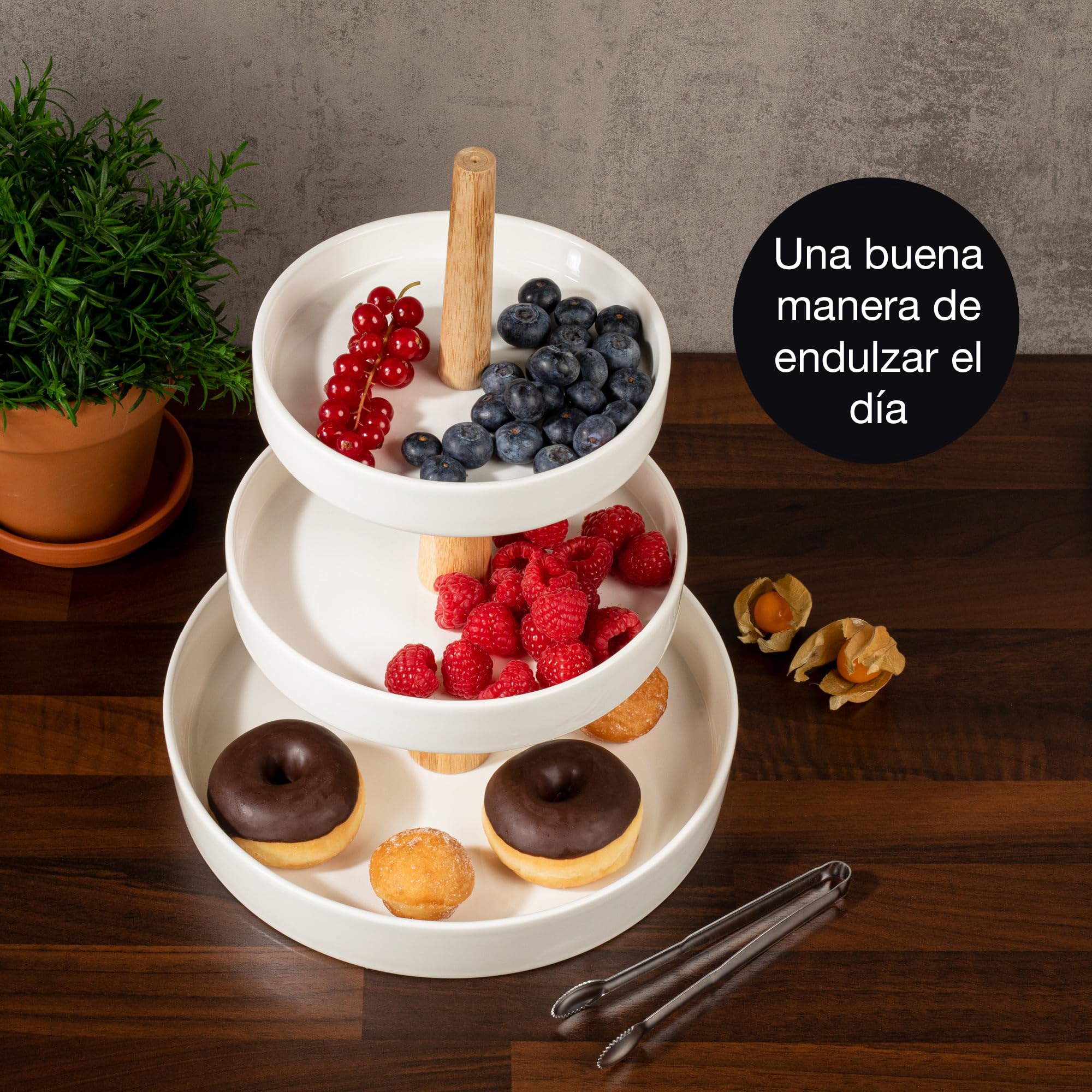 Moritz & Moritz Soporte para Frutas de 3 Niveles, Incluye alicates, de Porcelana, decoración Moderna de Cocina o Fiesta, frutero para Almacenamiento de Frutas, Magdalenas y Cupcakes