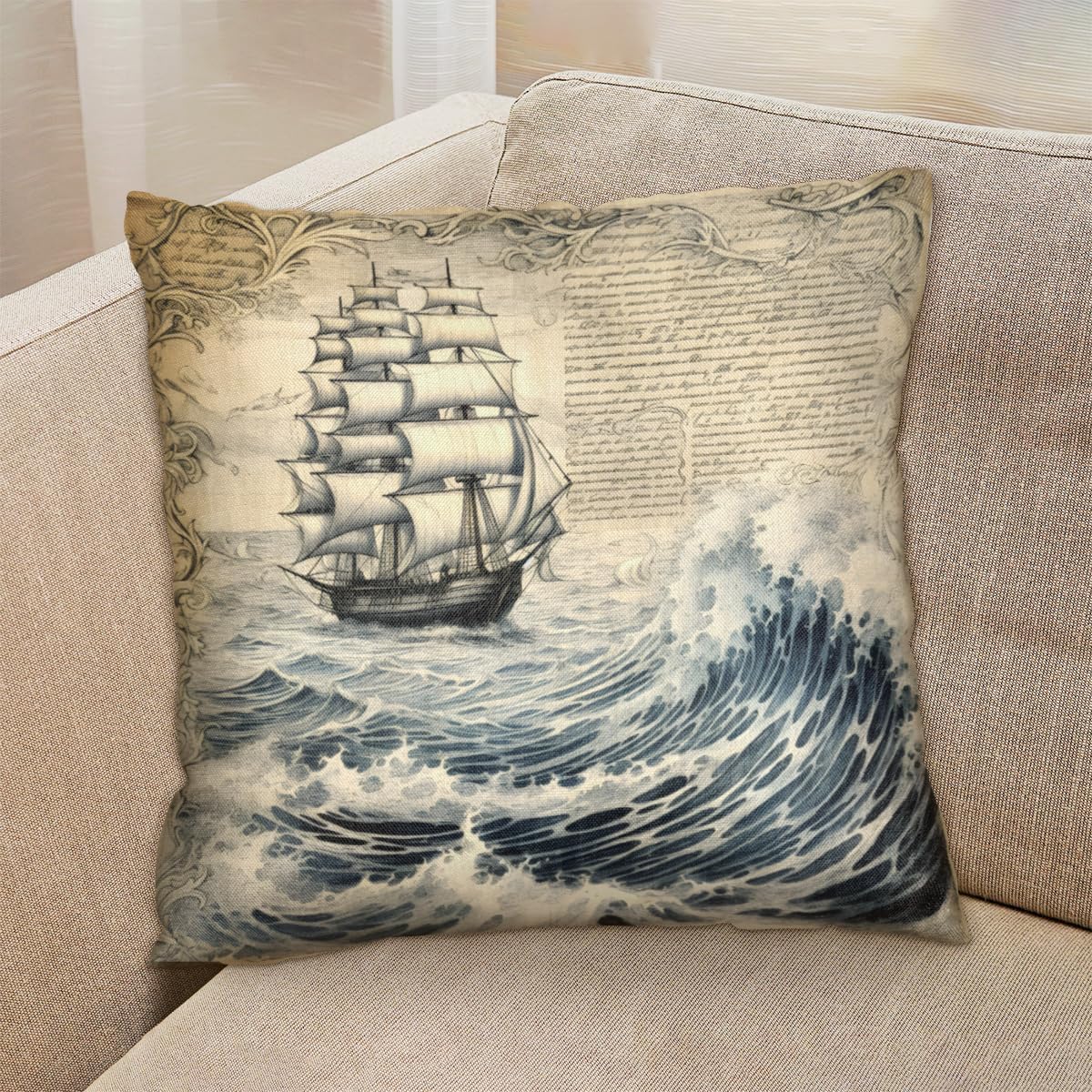 Vintage Ocean Ship Pillow Covers 16 x 16 Inch Set of 2, Throw Pillow Covers Set Cushion Case Decorative Square Linen Pillowcases for Sofa Bed Couch Living Room Car