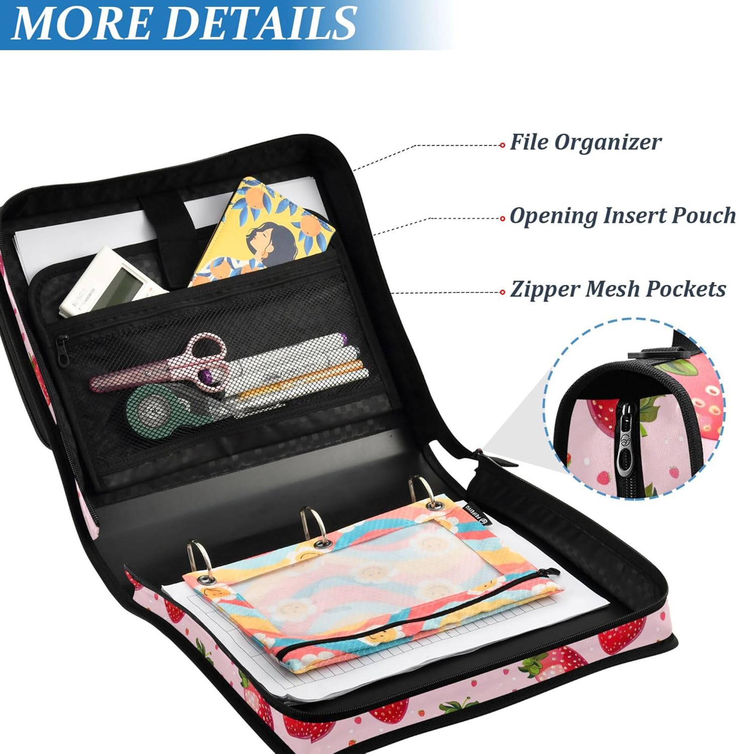 Cute Strawberry Zipper Binder 3 Ring with Shoulder Strap, Multiple Pockets Expanding File Folder Binder Bag Organizer