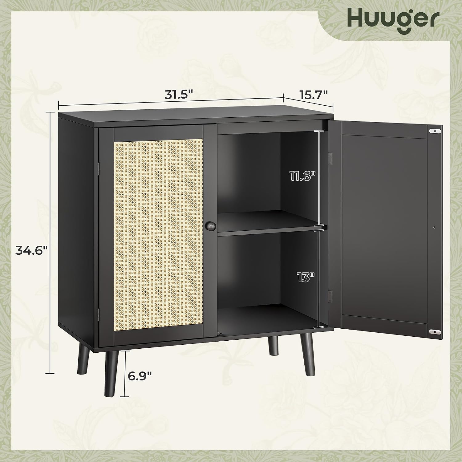 Huuger Buffet Cabinet with Storage, Storage Cabinet with Synthetic Rattan Decor Doors, Solid Wood Feet, for Hallway, Entry, Living Room, Black