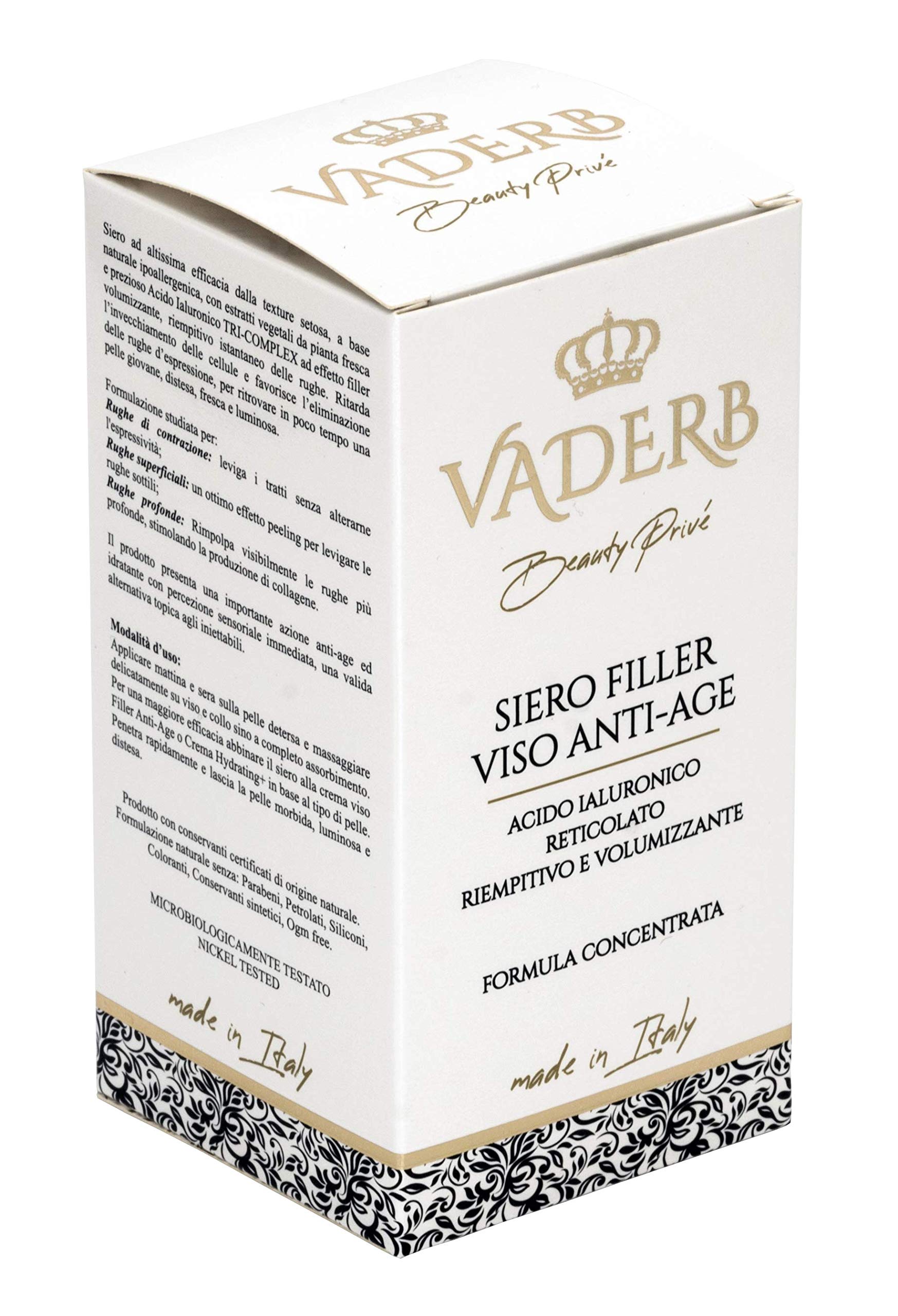 SIERO FILLER VISO ANTI-AGE FORMULA CONCENTRATA 30 ML CON ACIDO IALURONICO RETICOLATO VOLUMIZZANTE E RIEMPITIVO ISTANTANEO - IPOALLERGENICO PARABEN FREE - VADERB BEAUTY PRIVE'