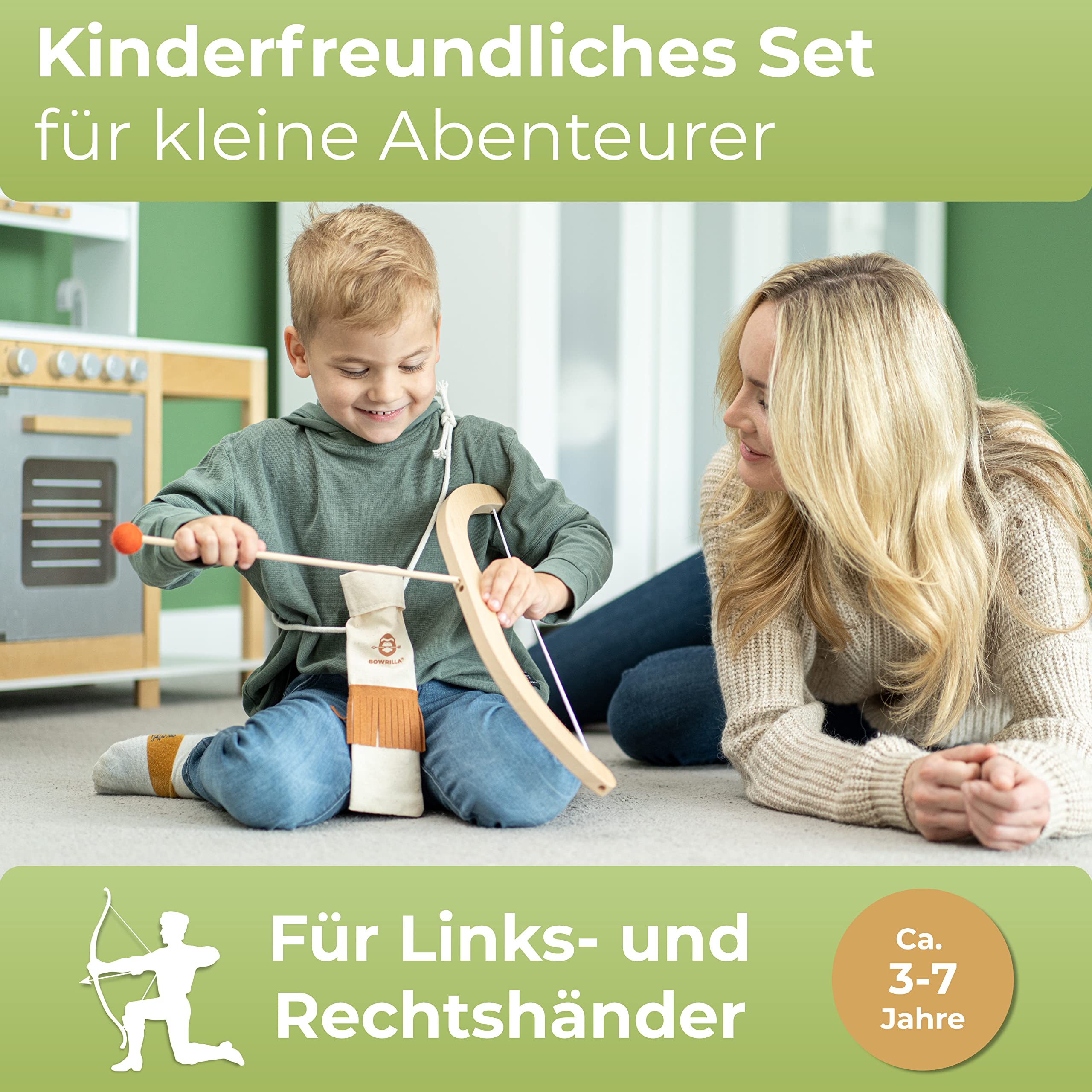 BOWRILLA® Pfeil und Bogen Kinder Holzspielzeug mit 5 Pfeilen, 4 Zielscheiben und Pfeiltasche | Bogenschießen Kinder Innen- und Outdoor Spielzeug ab 3 Jahre | Für Rechts- und Linkshänder geeignet
