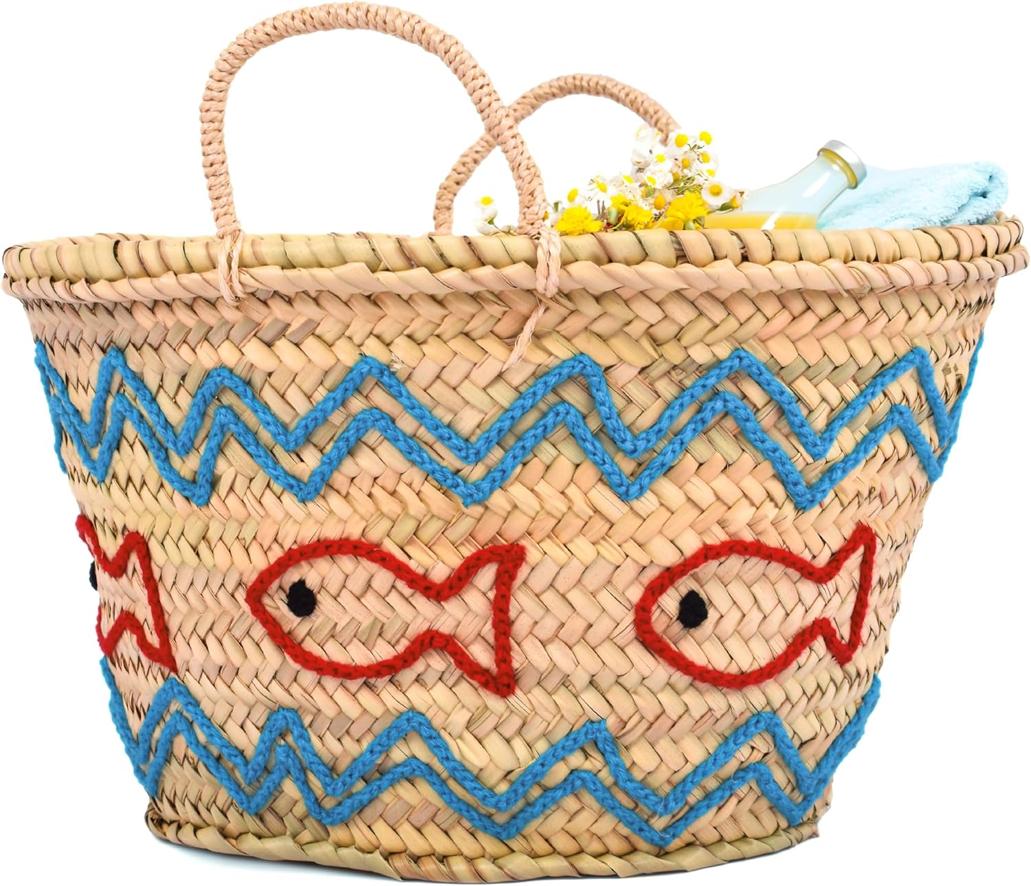 Handwoven Straw Beach Bag with Fish Motif - Ocean Tote for Women, Summer Vacation Picnic Basket