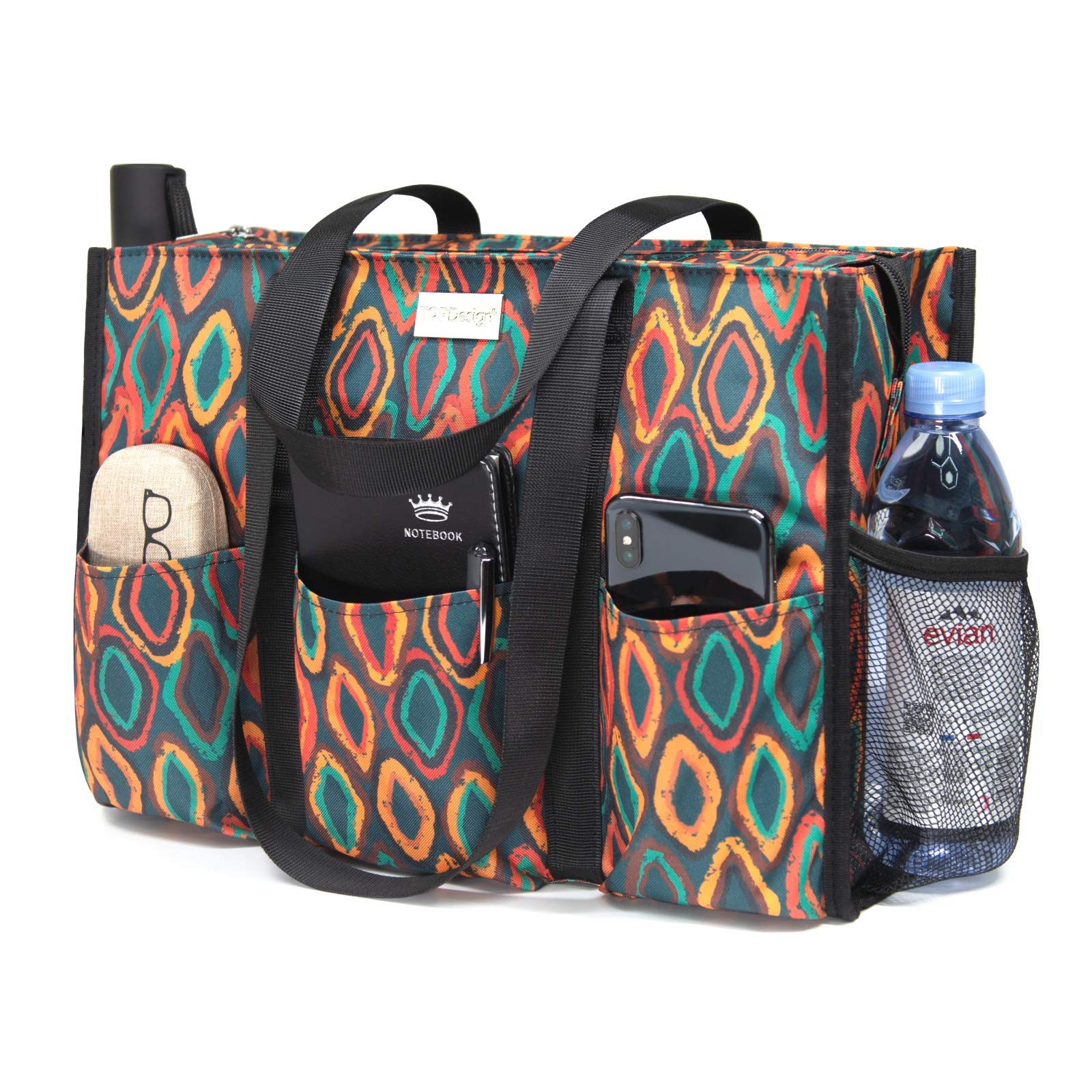TOPDesign Utility Water Resistant Tote Bag with 13 Pockets, Zipper Closure