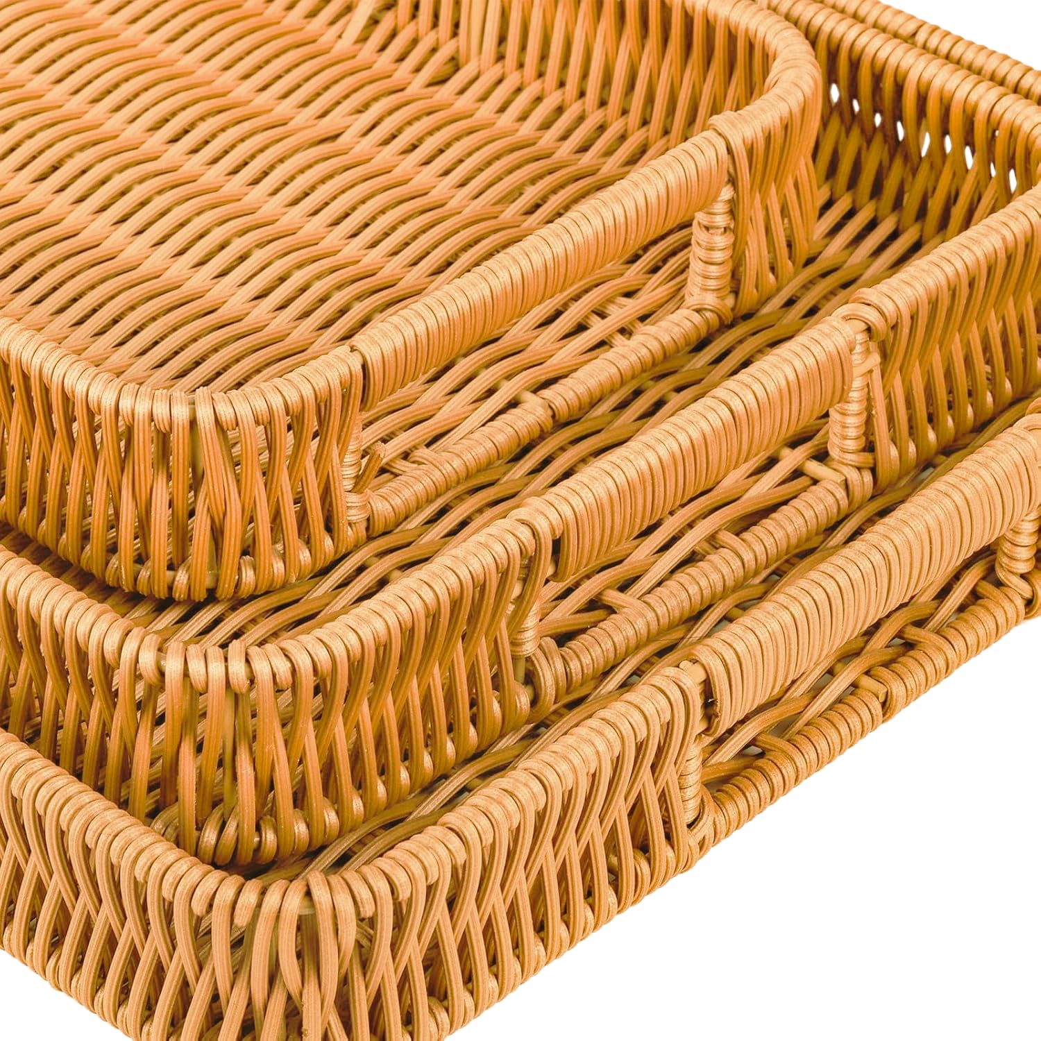 Set of 3 Rattan-Style Woven Plastic Serving Trays | Rectangular Bread Baskets with Handles for Dining Table, Kitchen, Snacks, Fruits, Home Décor & Storage (Reqtangle Tray Set) 3