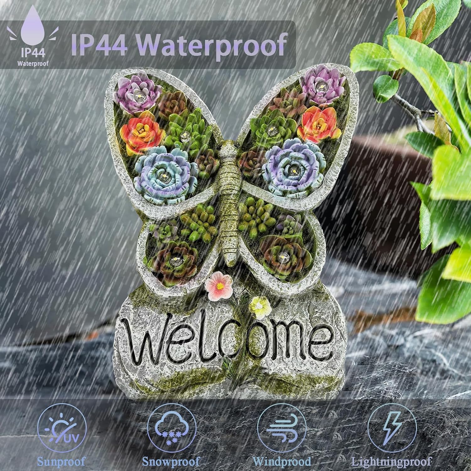 Solar Garden Statues Lights, Succulent Butterfly Resin Lamp with 8 LED, Outdoor Decoration Statues with Welcome Sign Table Lamp for Patio Lawn Yard, Garden Gifts for Mom (Purple Succulent)