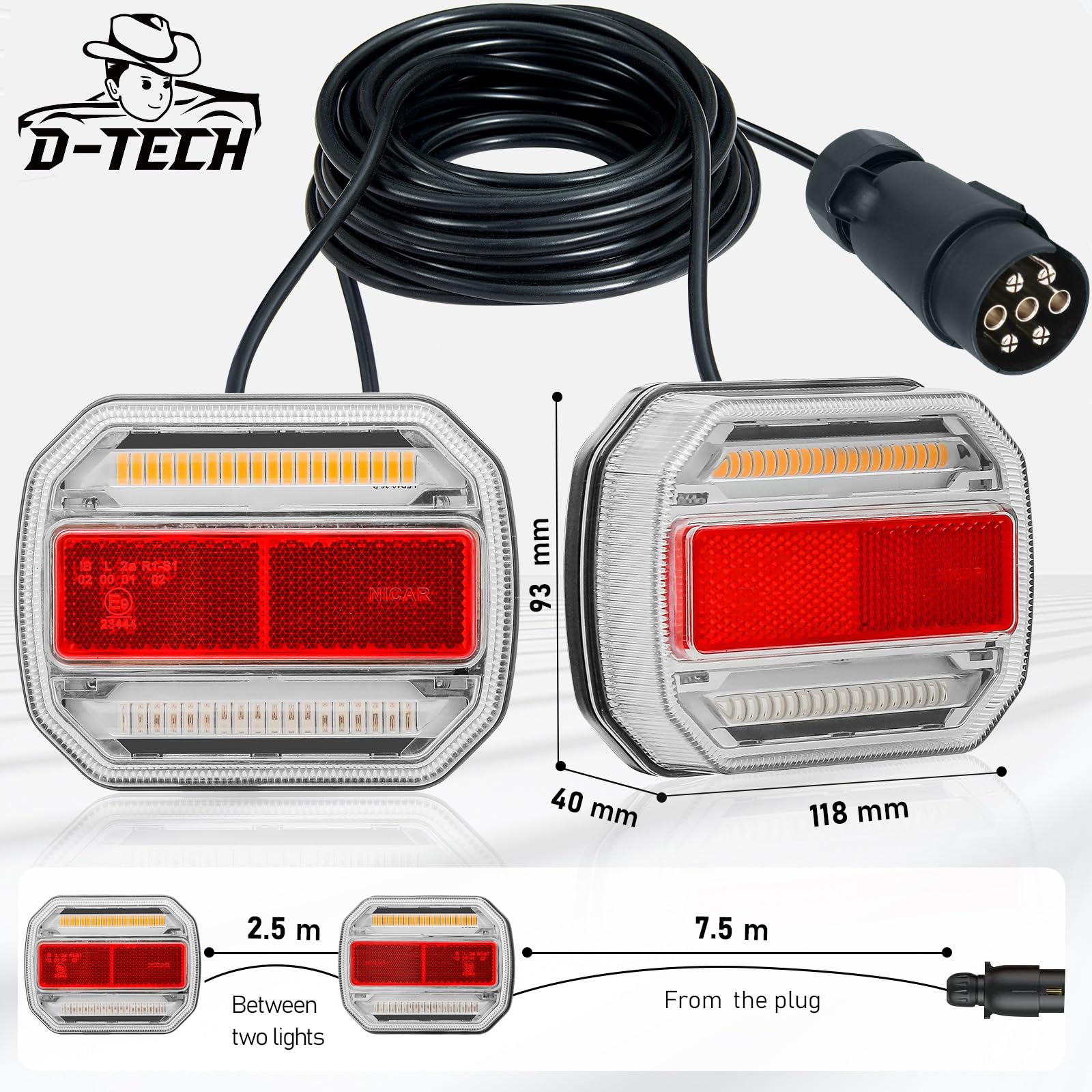 YUNYODA Kit Fanali Posteriori A LED Per Rimorchio 12V Con 16 LED E Cavo 7,5m | Luci Stop, Freccia E Targa, Impermeabile IP67