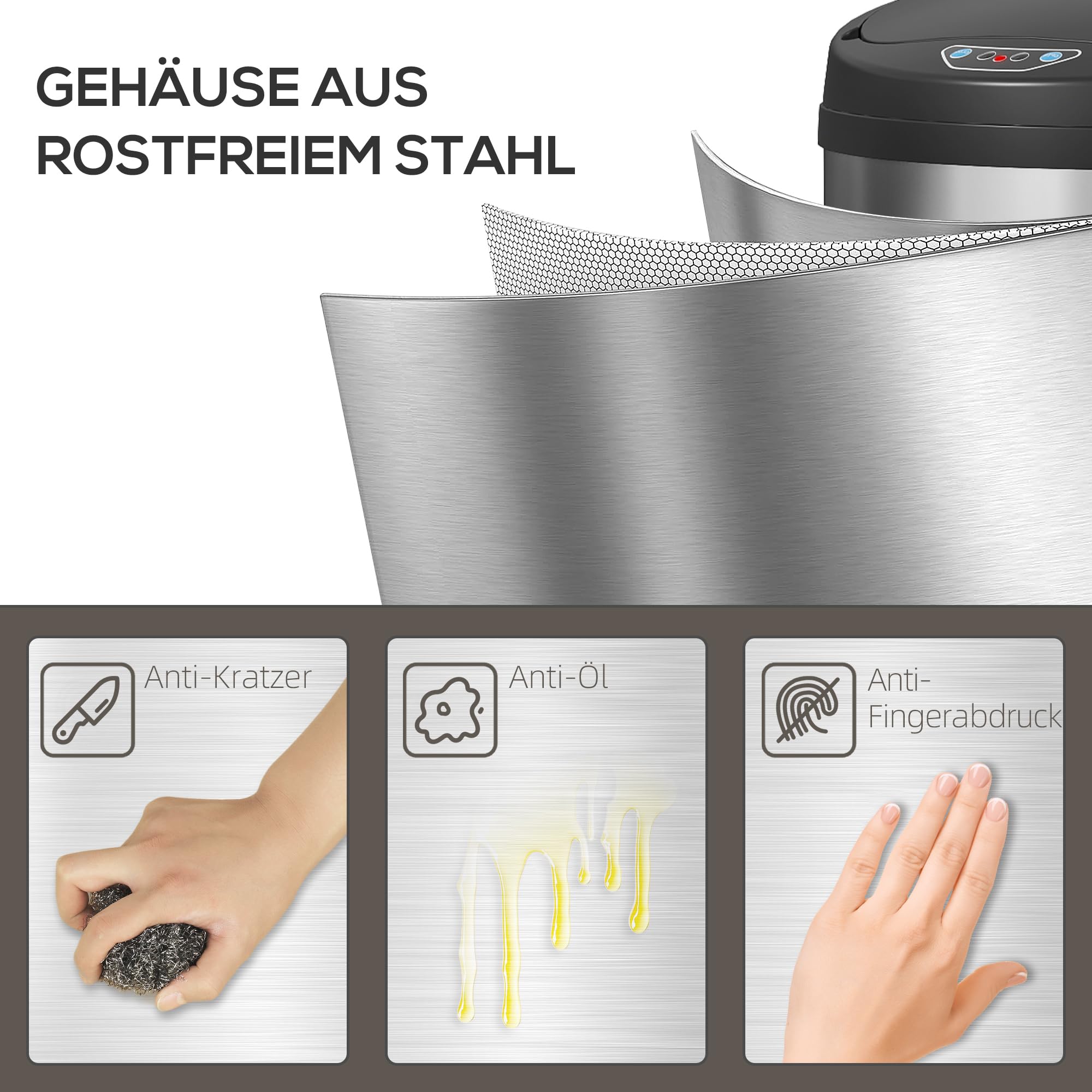 HOMCOM Mülleimer mit Sensor 50L Edelstahl Automatischer Leiser Mülleimer mit Soft-Close-Deckel, Bewegungssensor, Fingerabdruckresistente Abfalleimer für Büro, Schlafzimmer, Küchen Silber
