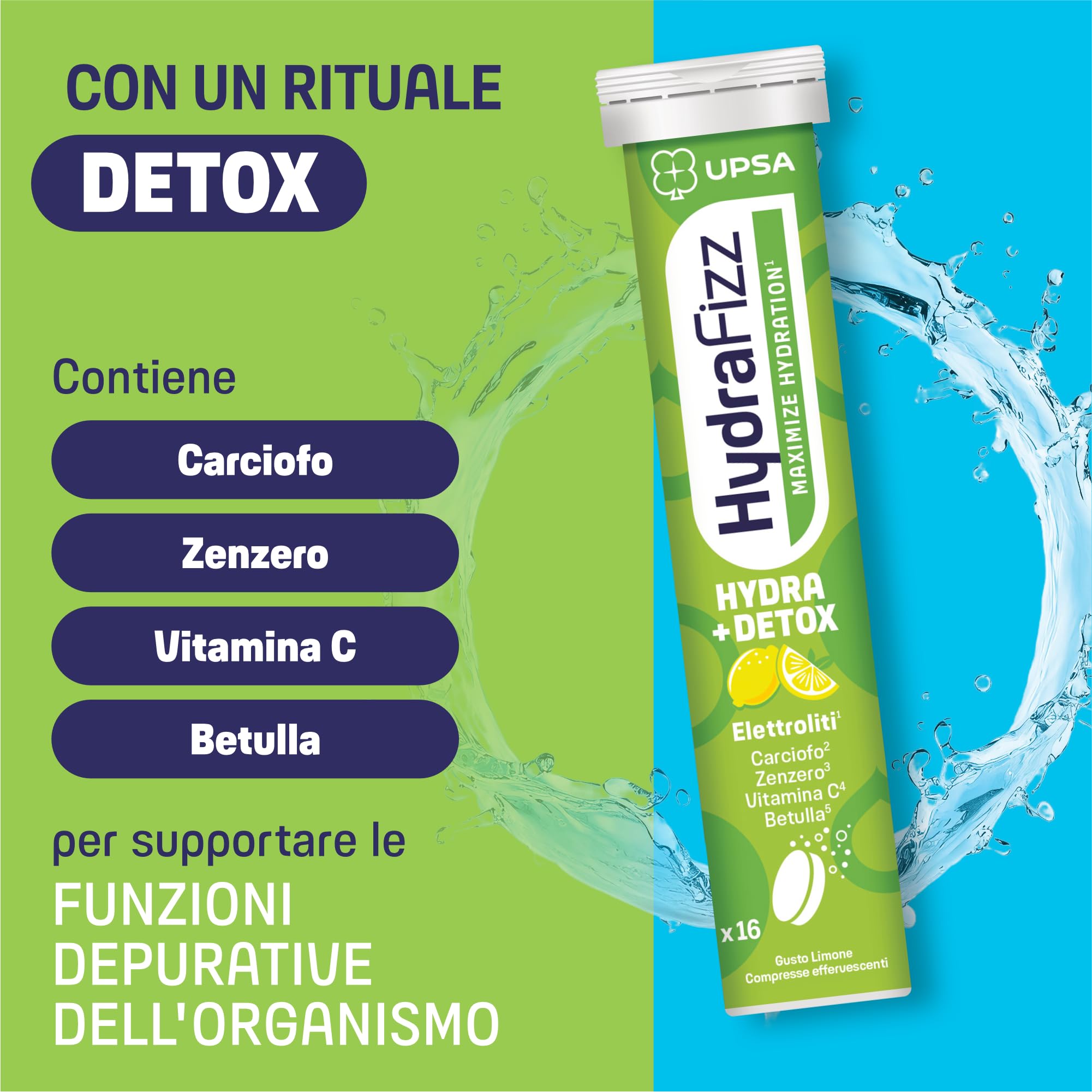 UPSA Hydrafizz Detox, 16 Compresse Effervescenti, Integratore Alimentare con Elettroliti, Carciofo e Zenzero, Gusto Limone, Idratazione e Depurazione, aiuta a ridurre Stanchezza