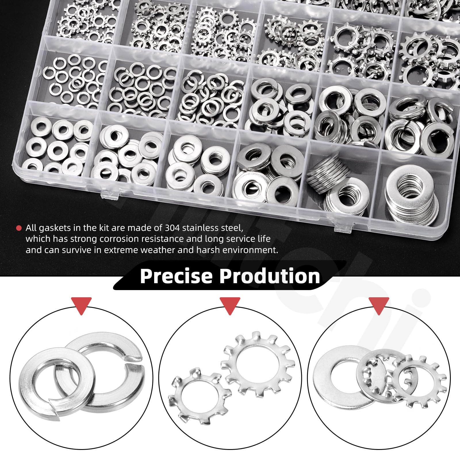 Hilitchi Set di 400 rondelle di bloccaggio dentellate interne in acciaio inox 304 britannico 304, rondelle di bloccaggio a velocità rapida per viti e bulloni (#6#8#10 1/4" 5/16" 3/8")