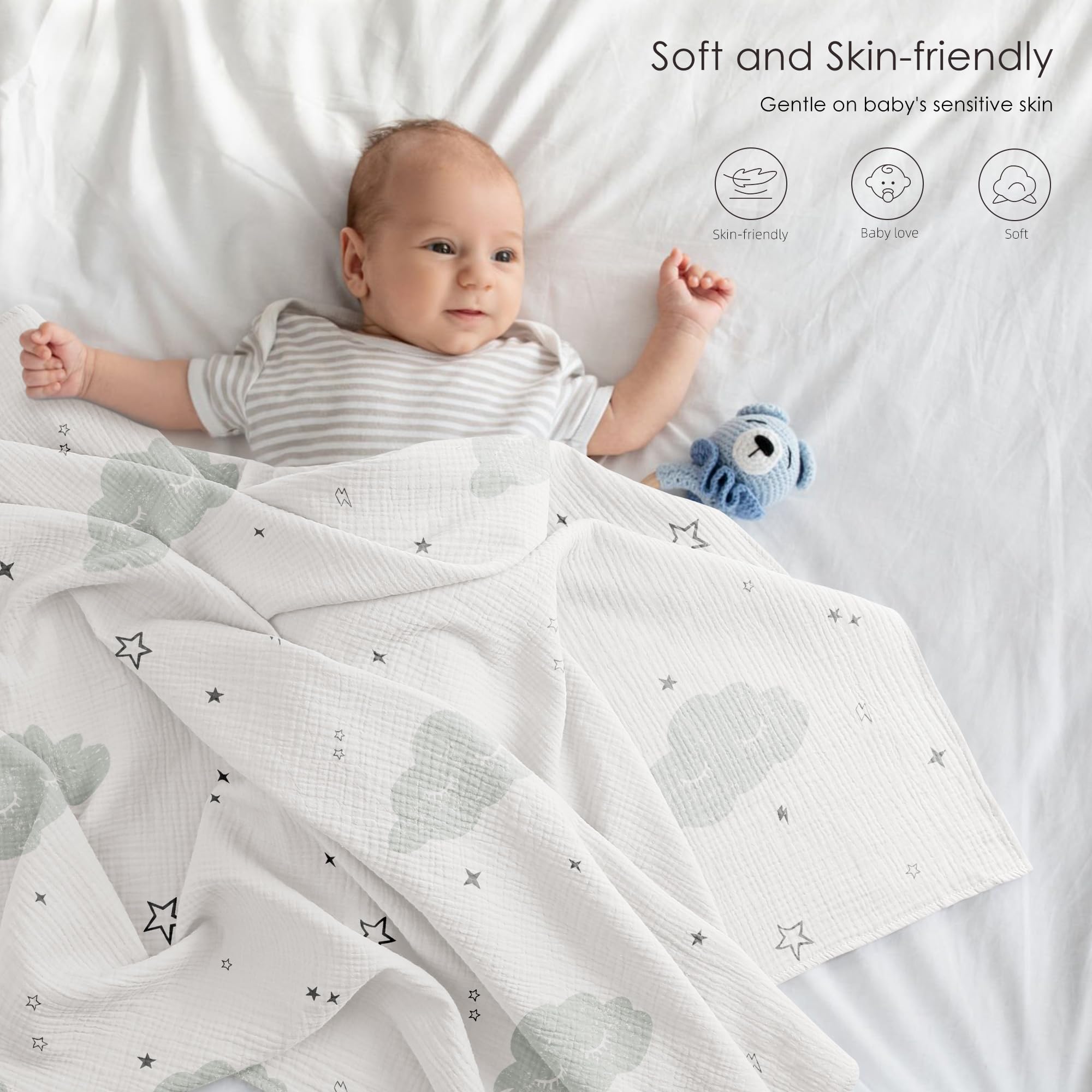 Bearmoss Muslin Swaddle Blankets, 40 x 38 inches Baby Swaddle for Boys and Girls, Soft Baby Blanket, 3 Pack Breathable Nursery Receiving Blankets (Cloud)