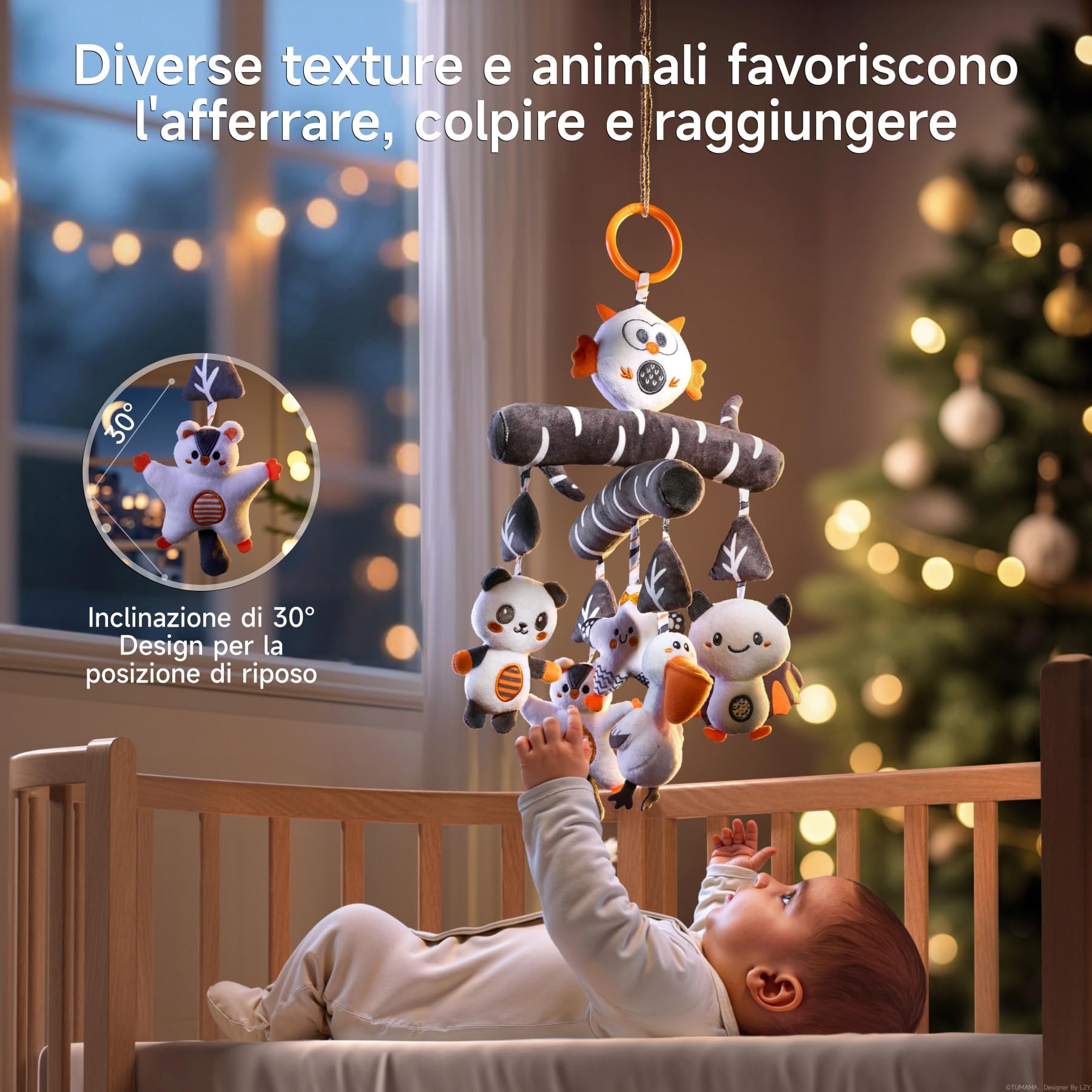 TUMAMA Giochi Passeggino per Neonato 0 3 4 6 8 12 Mesi, Gioco Montessori Sensoriali Sonaglio per Neonati Accessori con Suono, Peluche Animale Giocattoli per Culla Carrozzina Femmina Maschio Regalo