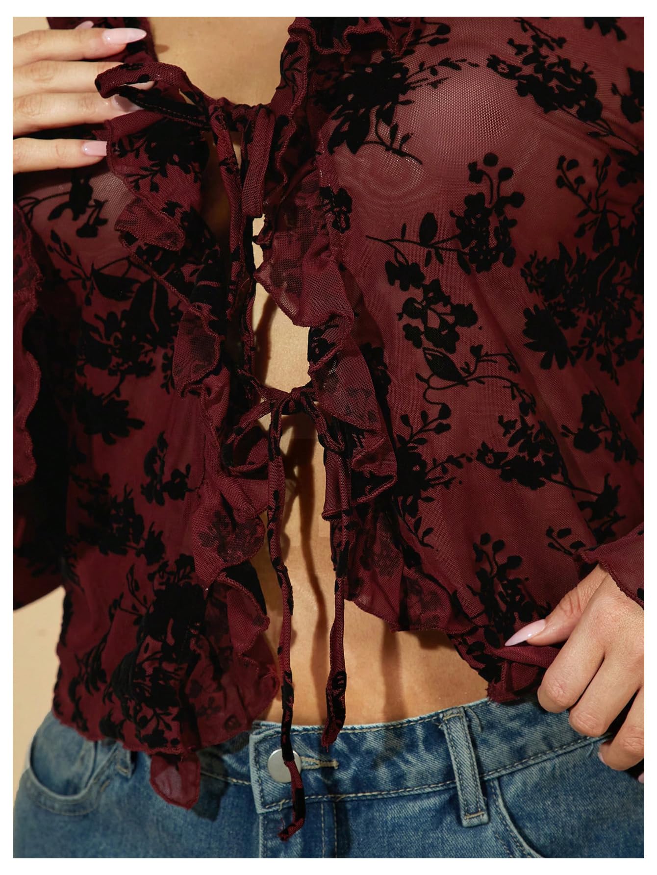 WDIRARA Women's Plus Size Floral Lace Sheer T Shirt Tie Front Long Bell Sleeve Tee Going Out Tops: Large Plus Burgundy