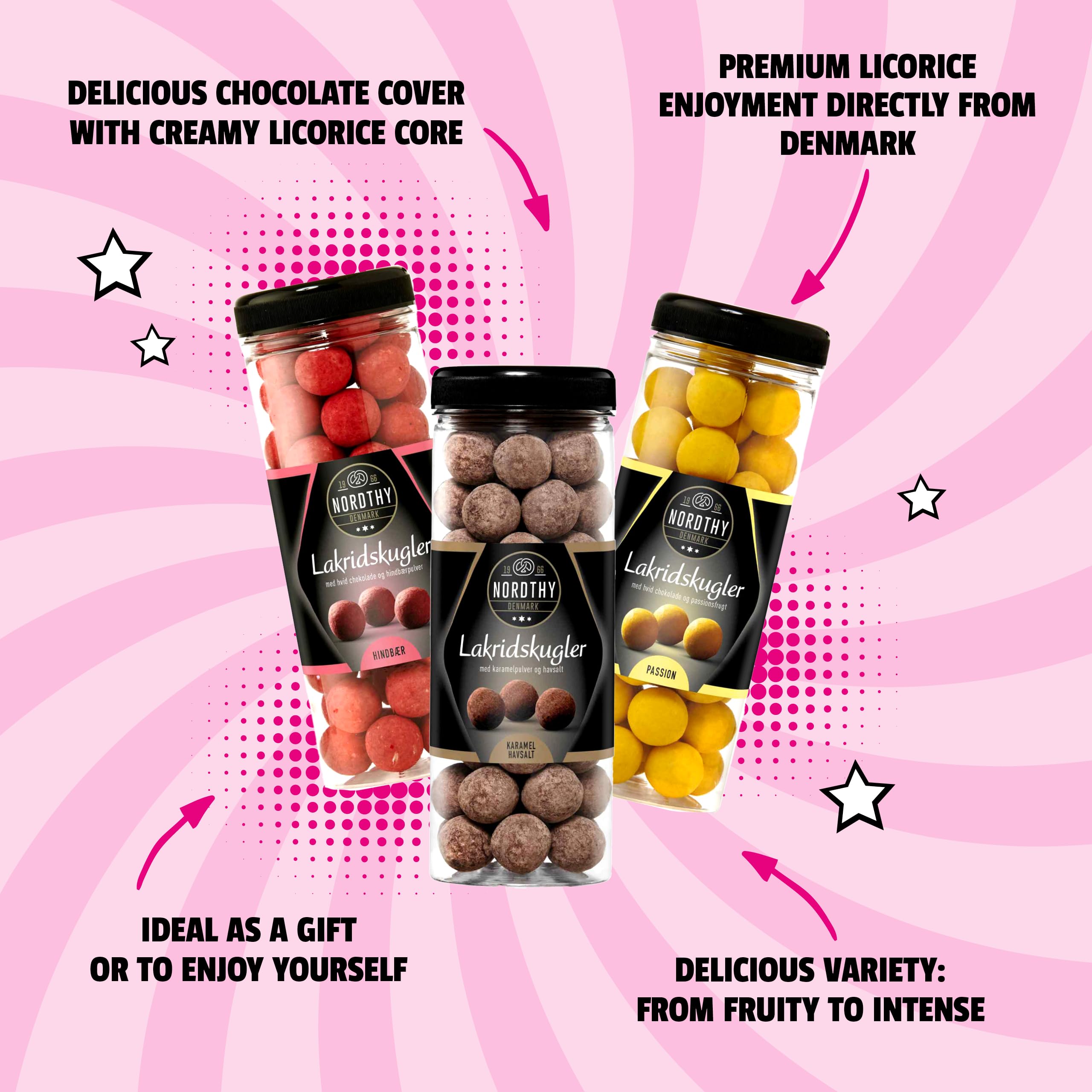 Nordthy Mix Kulek Lukrecjowych 3 x 300g Malina/Marakuja/Słony Karmel – Oryginalny Duński Zestaw Prezentowy z Lukrecją – Kulki lukrecjowe otoczone wykwintną czekoladą – Gourmet słodycze z lukrecją