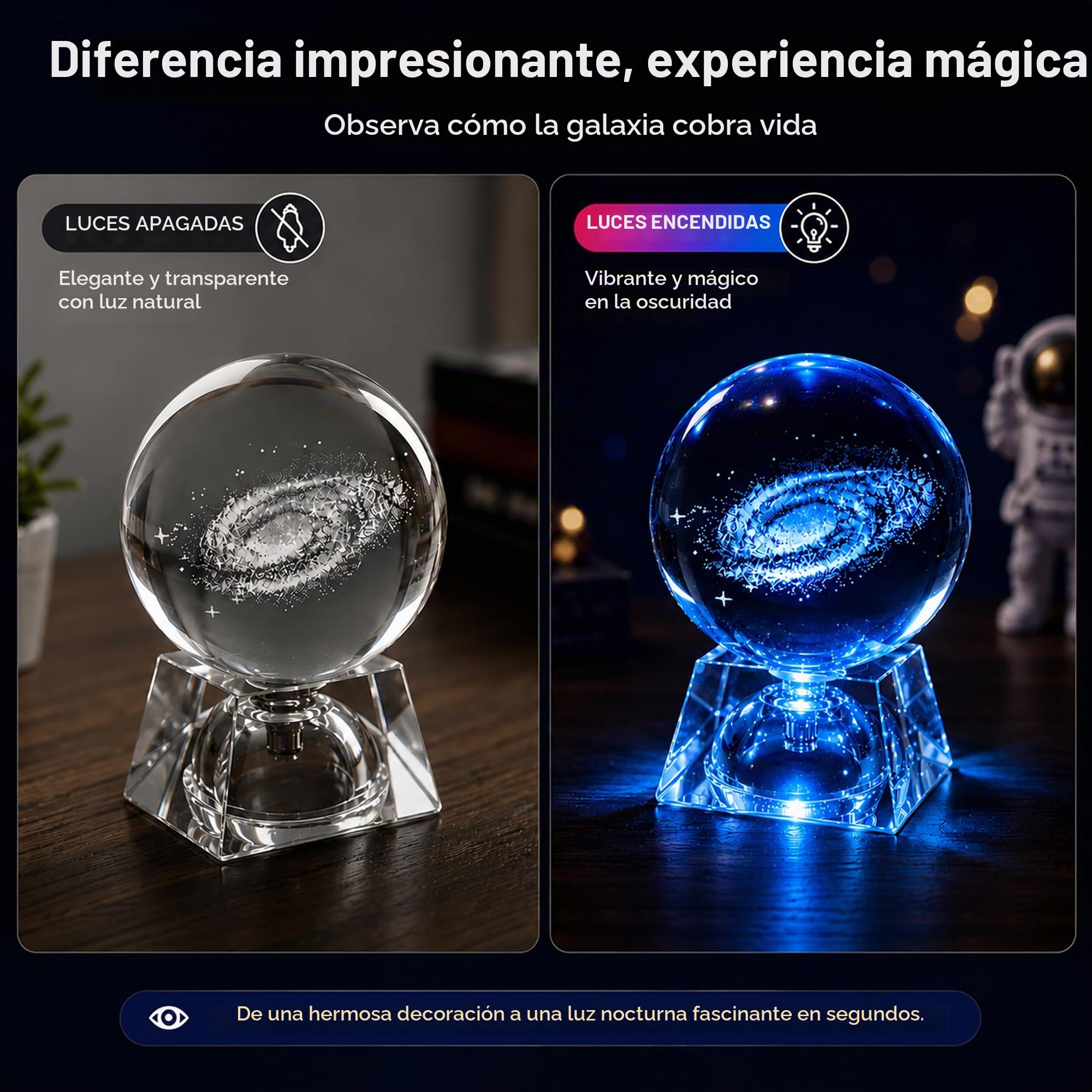 Galaxia Bola de cristal - Luces de noche para niños con base de lámpara LED, Claro 80mm Esfera de cristal Regalos para niños, Lámpara Galaxy lamparas infantiles