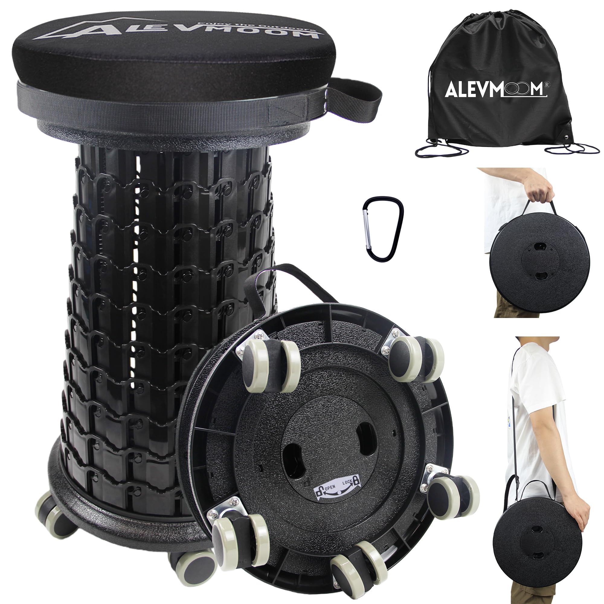 ALEVMOOM Upgrade XXL Collapsilbe Stool with Cushion & Rolling Wheels, H 20.4"/57cm, D 13"/33cm Heavy Duty Load Capacity 1000lbs, Portable Retractable Telescoping Folding Stool for Camping Hiking