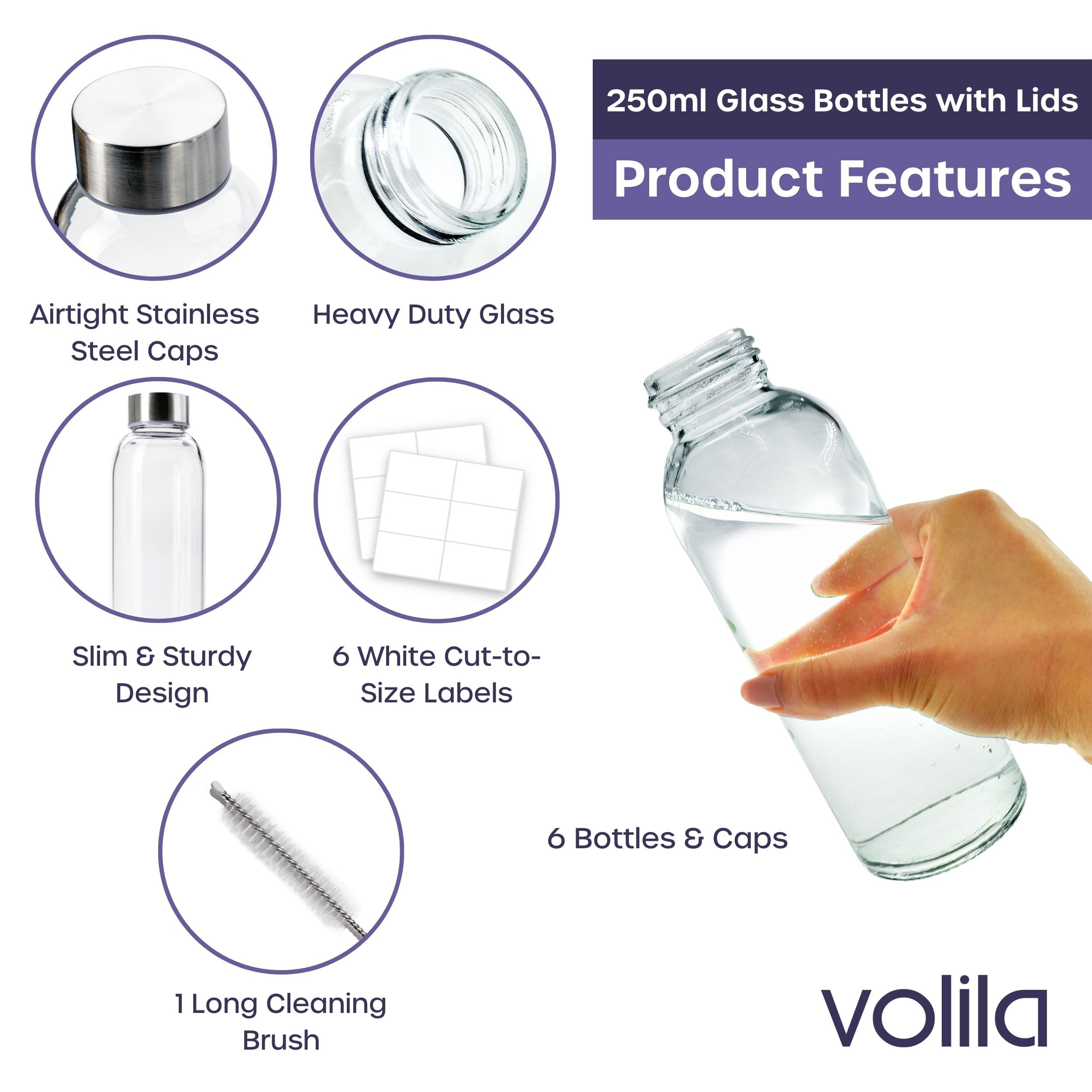 volila Glass Bottles with Lids, 6 Pack 250ml Leakproof, Reusable Glass Drinking Bottle for Water Juice, Milk and Smoothie - Image 3
