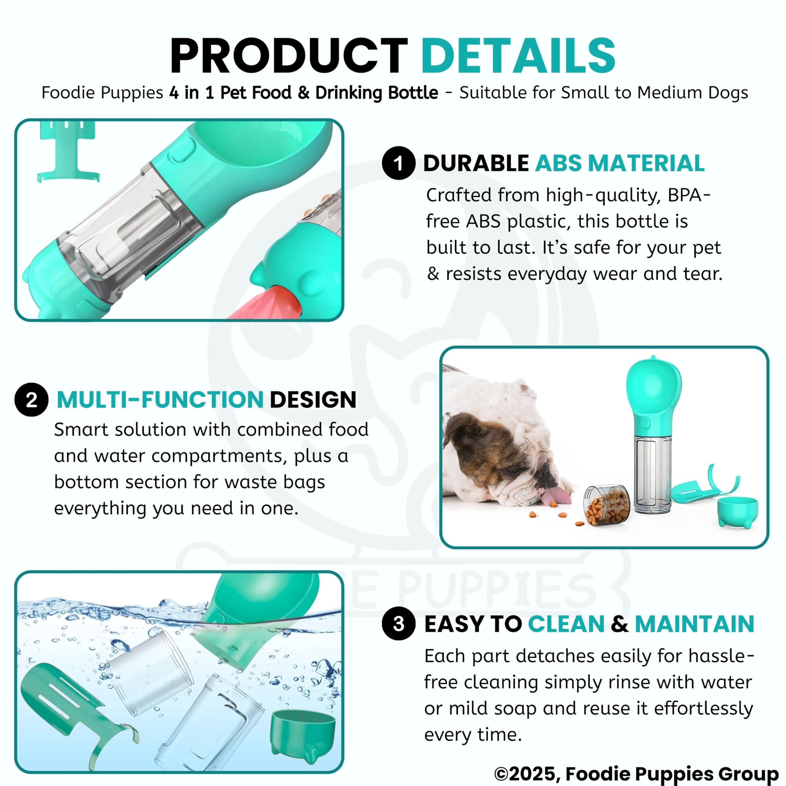 Foodie Puppies Dog Water Bottle, Leak Proof Portable Puppy Water Dispenser Drinking Feeder Pet Care Cup for Outdoor Walking, Hiking, Travel (4in1 Bottle - 300ml) 2