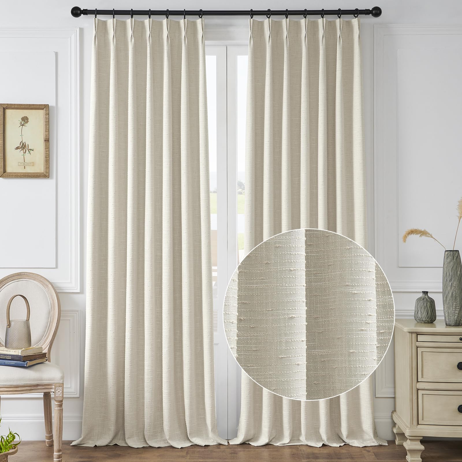 Maison Colette Natural Linen Sheer Curtain 108 inches Long,Pinch Pleat Back Tab Stripe Transparent Voile Window Drapes for Bedroom/Living Room, 2