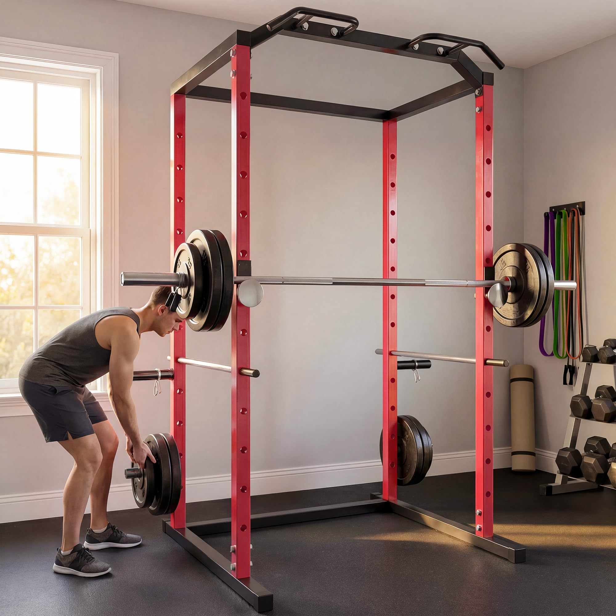 SPORTNOW Power Tower con Barre per Dip e Trazioni, Ganci J, Rack Palestra Multifunzione con Altezza Regolabile 11 Livelli, Struttura Acciaio, per Allenamento Fitness a Casa Palestra, Capacità 460 kg