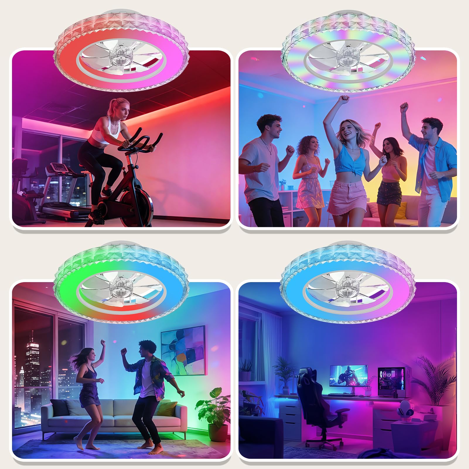 Ateroll Ventilatore da Soffitto con Luce Ø43.5CM, DC 25W LED 25W Dimmerabile 3CCT (3000K-4000K-6500K)+RGB, 6 Velocità, Timer, Memoria delle impostazioni, Adatto per Camera da Letto, Soggiorno
