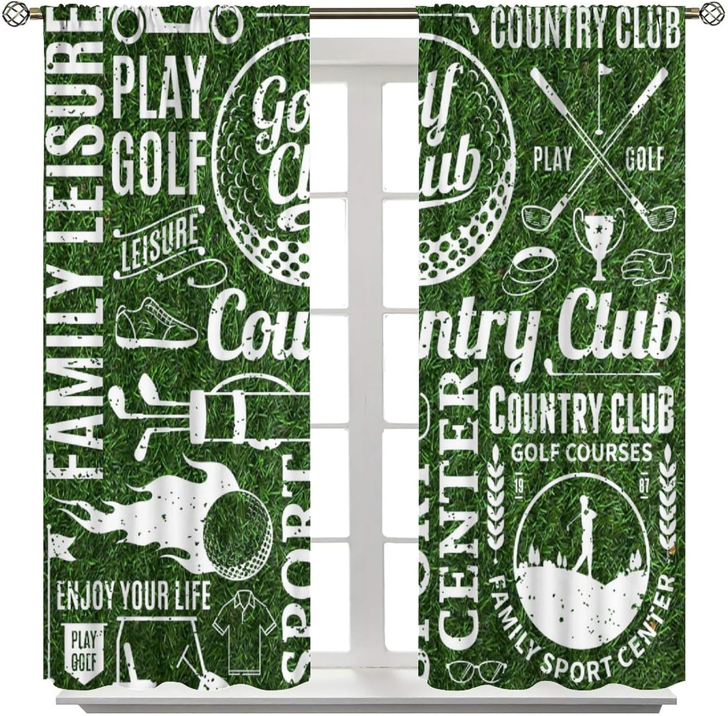 Golf Theme Blackout Curtain,Green Grass Style Print Curtain for Home Kitchen Restaurant Decoration Window Curtain 2Panel 42" W X 45" L