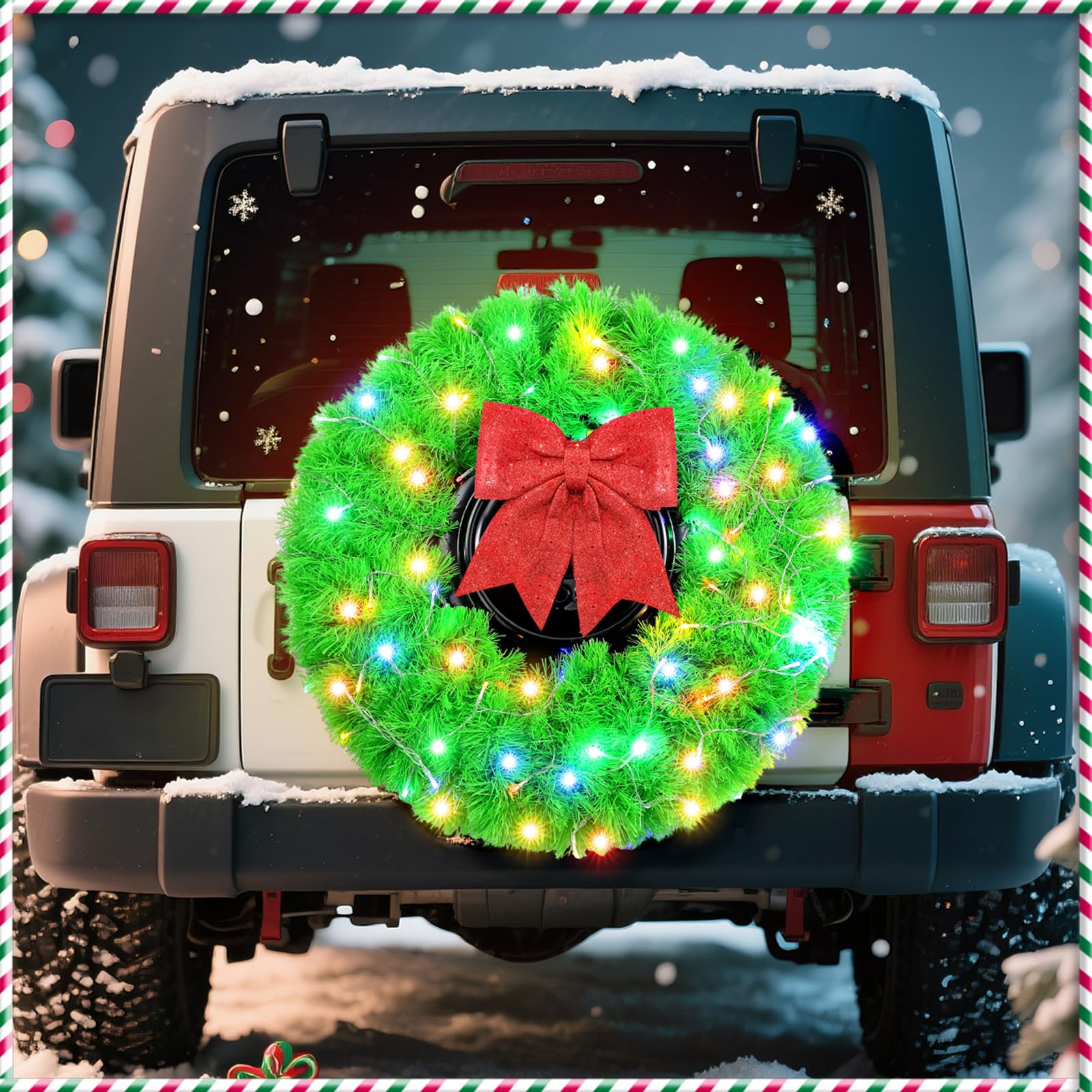 Daifunli Christmas Car Wreath Spare Tire Decoration LED Spare Tire Cover DIY Kit Include 150ft Tinsel Green Garland Large Red Bow 80 LED String Lights for Truck SUV Holiday Outdoor Decor (Lime Green)