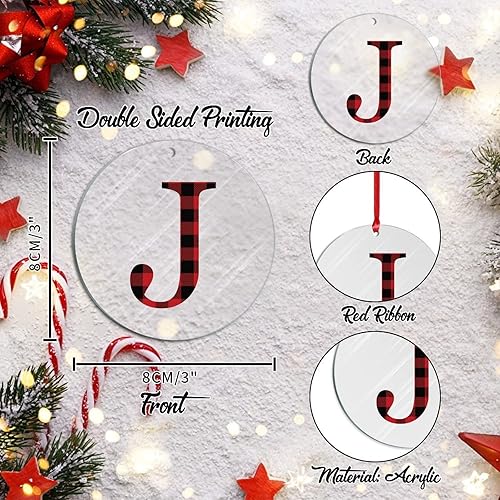 Miniatura 3 de Adornos de Navidad con monograma personalizado con letra J de Navidad, a cuadros rojos y negros, decoración de árbol de Navidad, recuerdos de