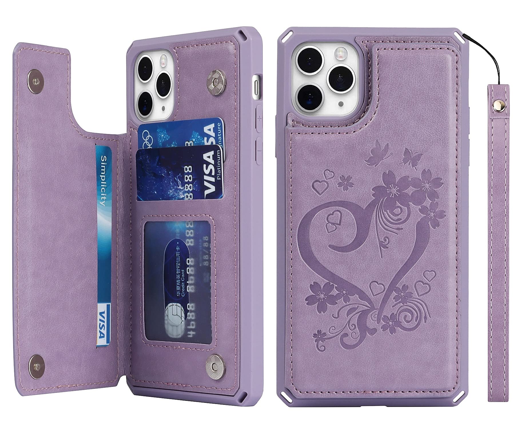 iCoverCase for iPhone 11 Pro 5.8 Inch Wallet Case with Card Slots Holder and Wrist Strap [RFID Blocking] Embossed Leather Kickstand Magnetic Clasp Shockproof Cover (Heart Purple)