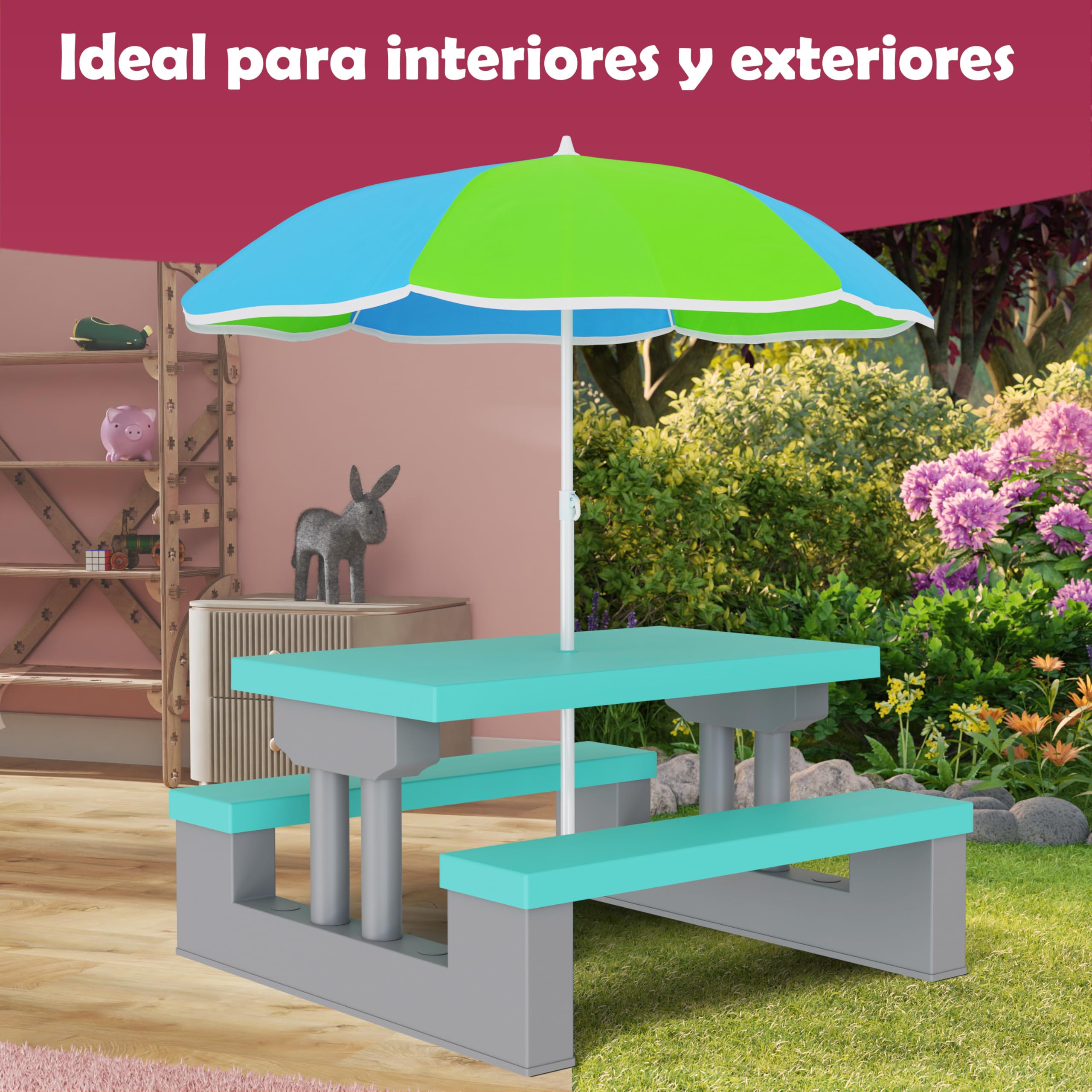 Spielwerk® Juego Mesa y Bancos Infantil Sombrilla Protección UV 4 Niños Intemperie Set Picnic Jardín